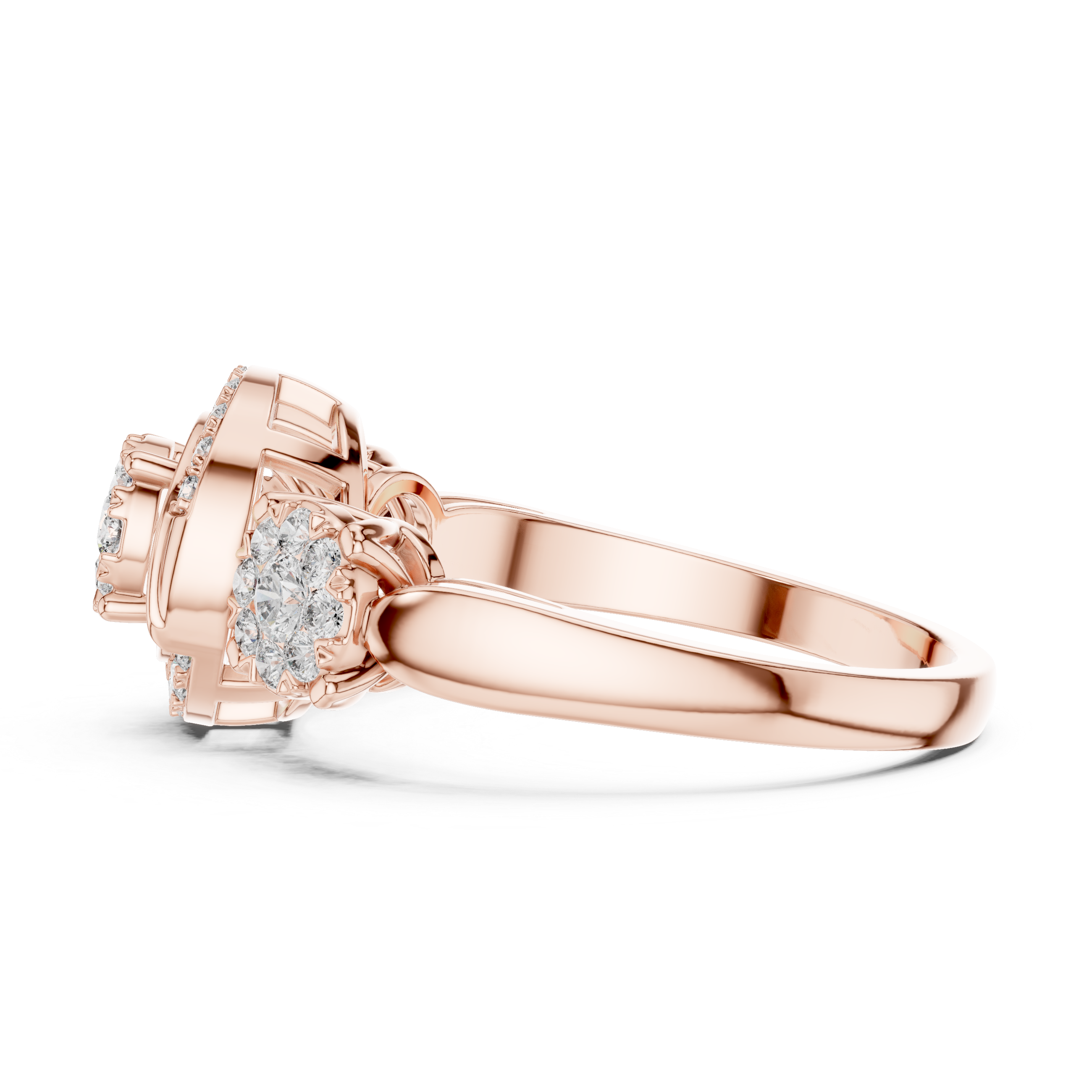 Round Cut Diamond Three Stone Halo Cluster Ring