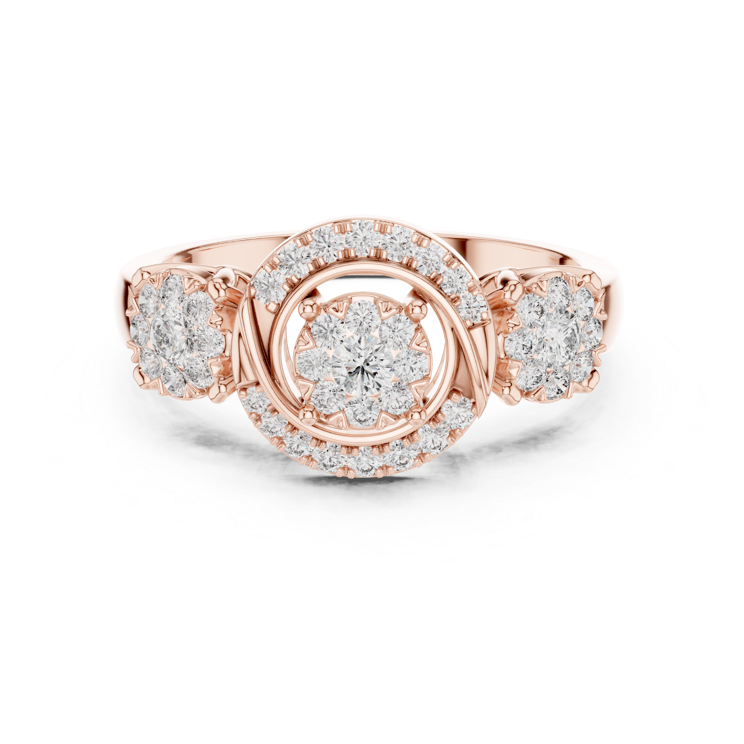 Round Cut Diamond Three Stone Halo Cluster Ring