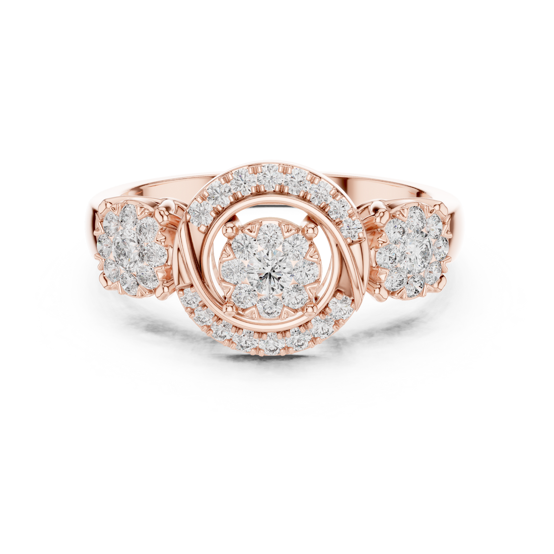 Round Cut Diamond Three Stone Halo Cluster Ring