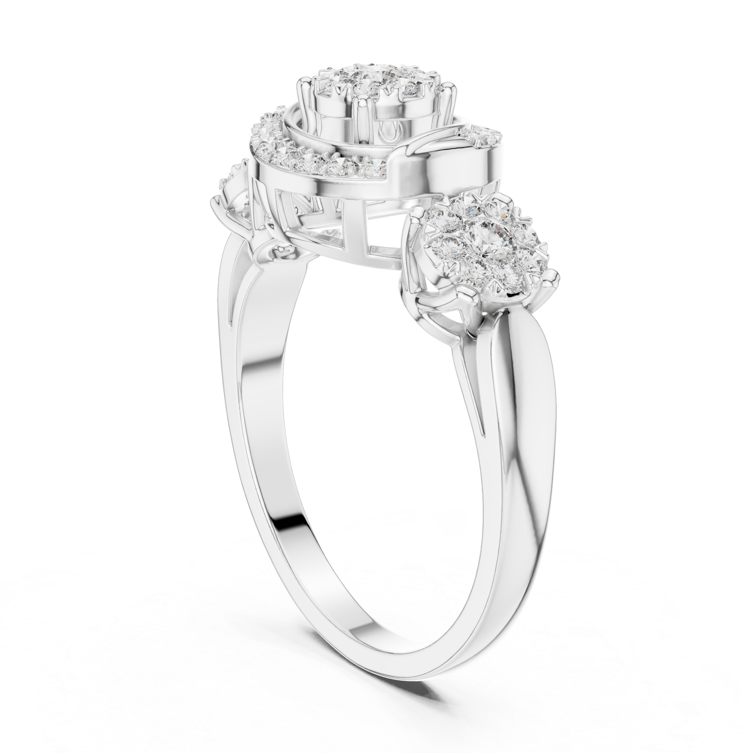Round Cut Diamond Three Stone Halo Cluster Ring