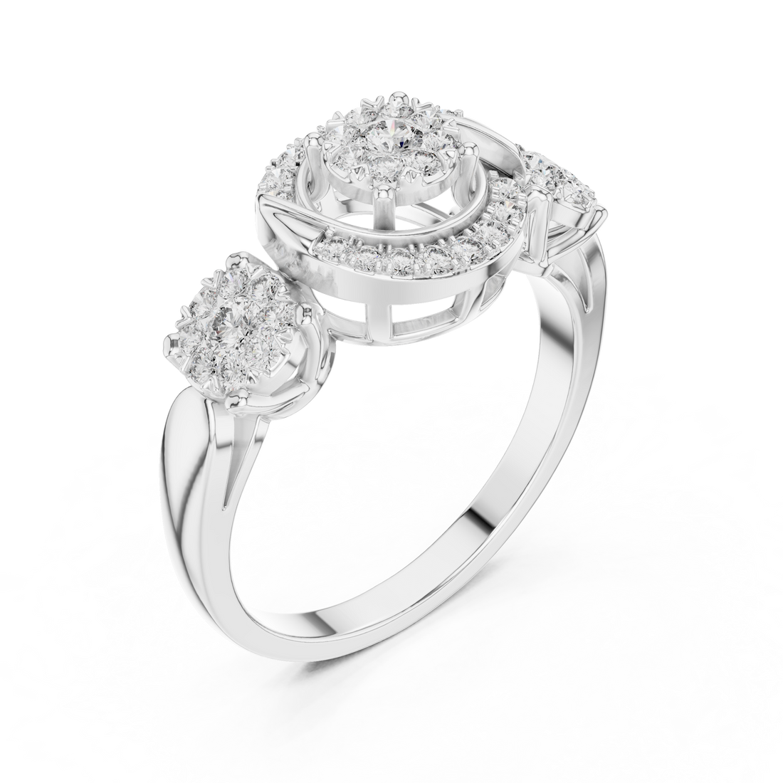 Round Cut Diamond Three Stone Halo Cluster Ring