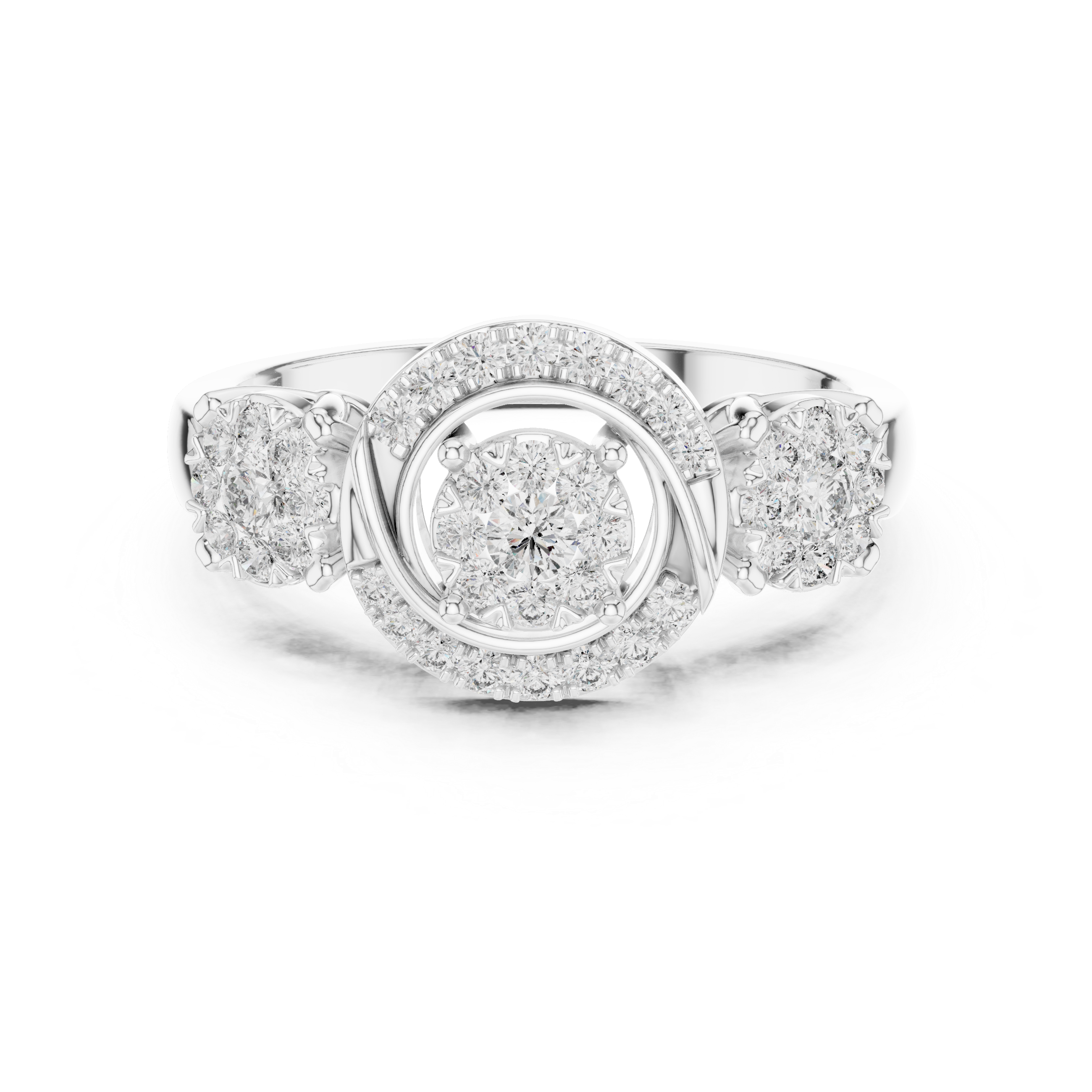 Round Cut Diamond Three Stone Halo Cluster Ring