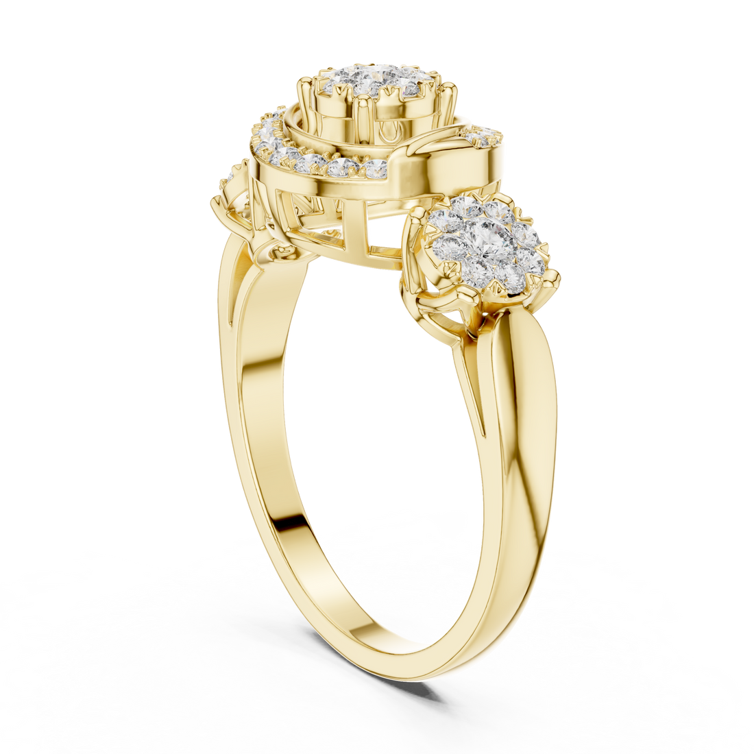 Round Cut Diamond Three Stone Halo Cluster Ring