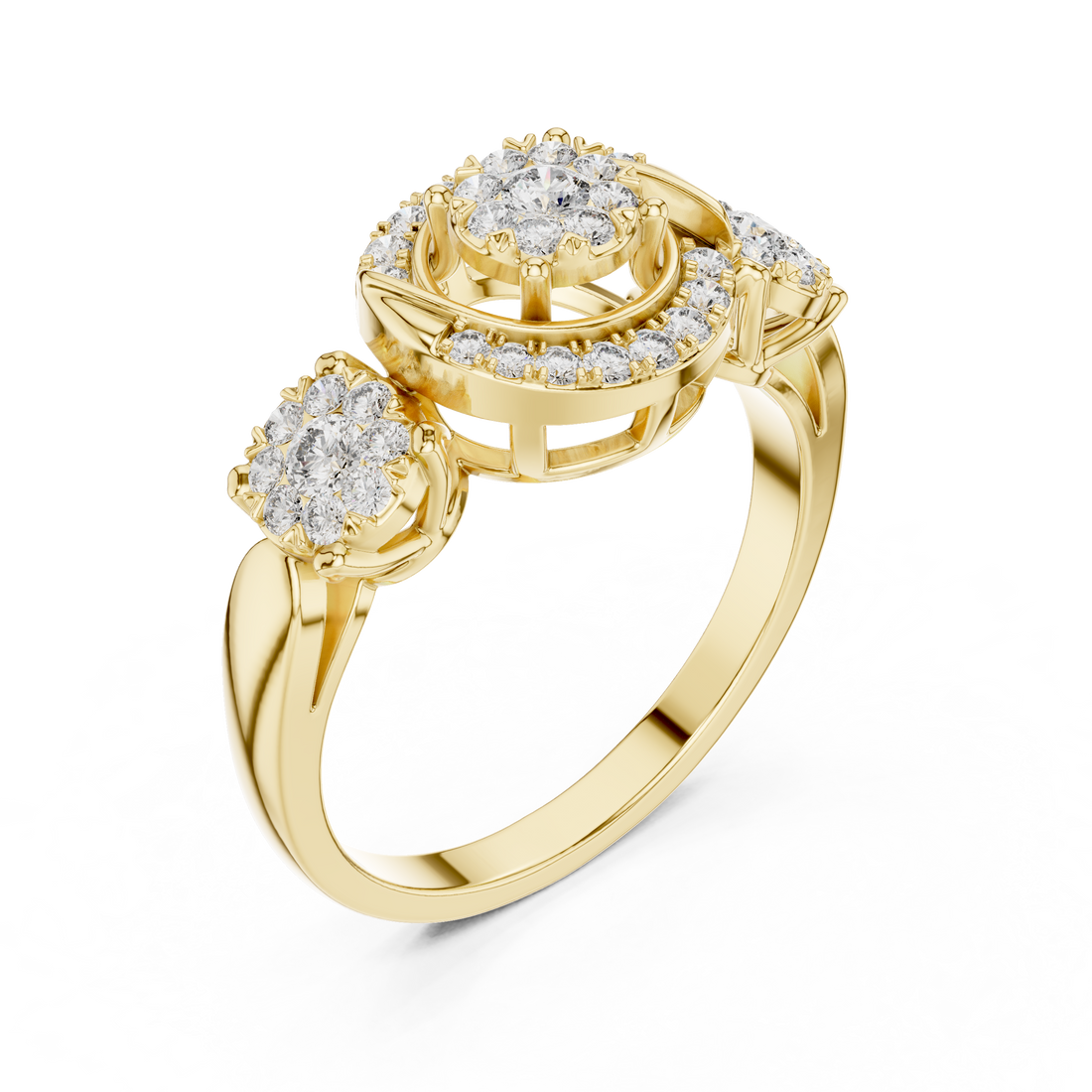 Round Cut Diamond Three Stone Halo Cluster Ring