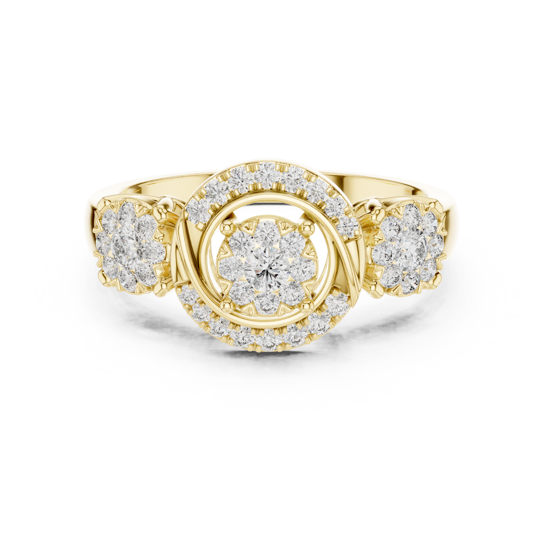 Round Cut Diamond Three Stone Halo Cluster Ring