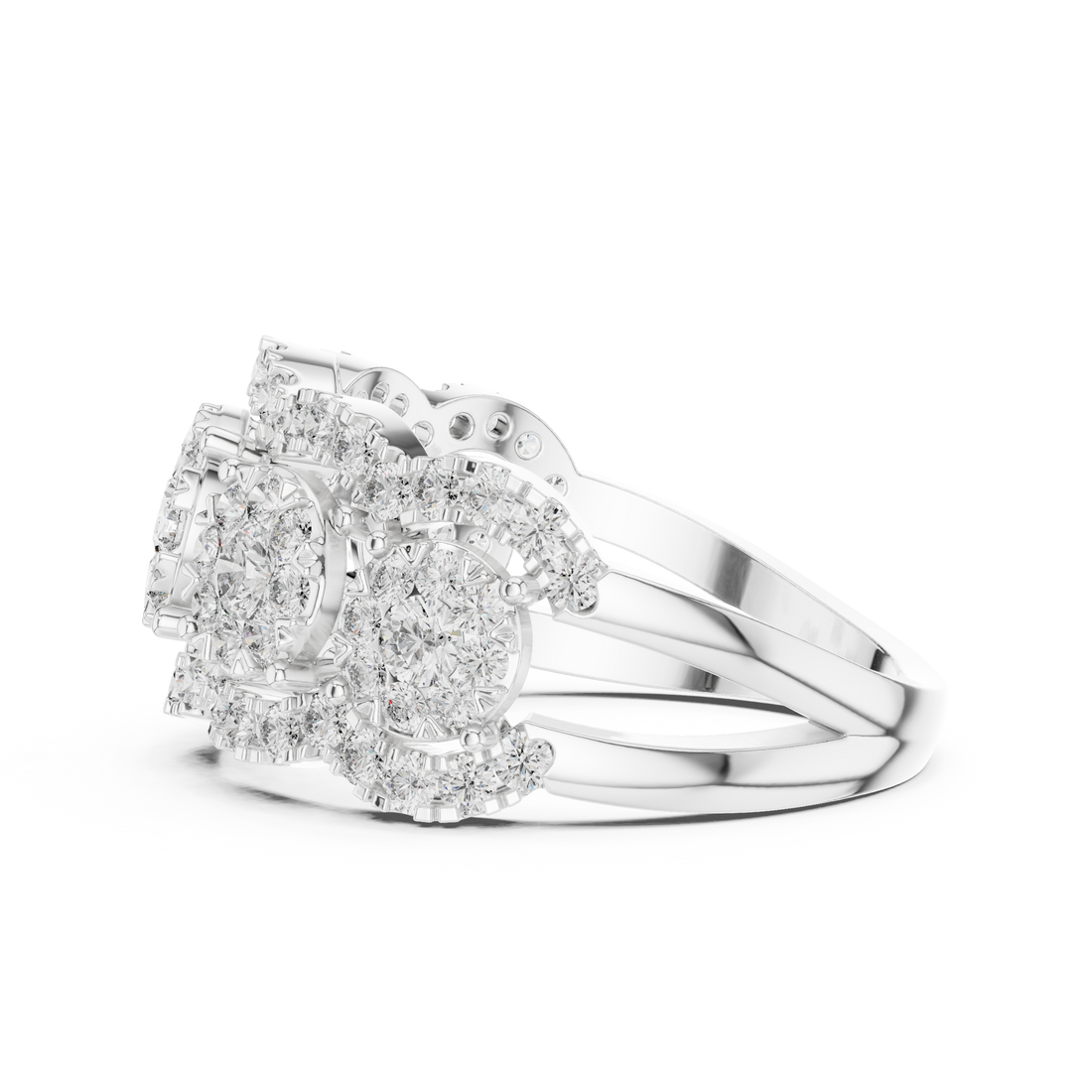 Round Cut Diamond Three Stone Halo Band Ring