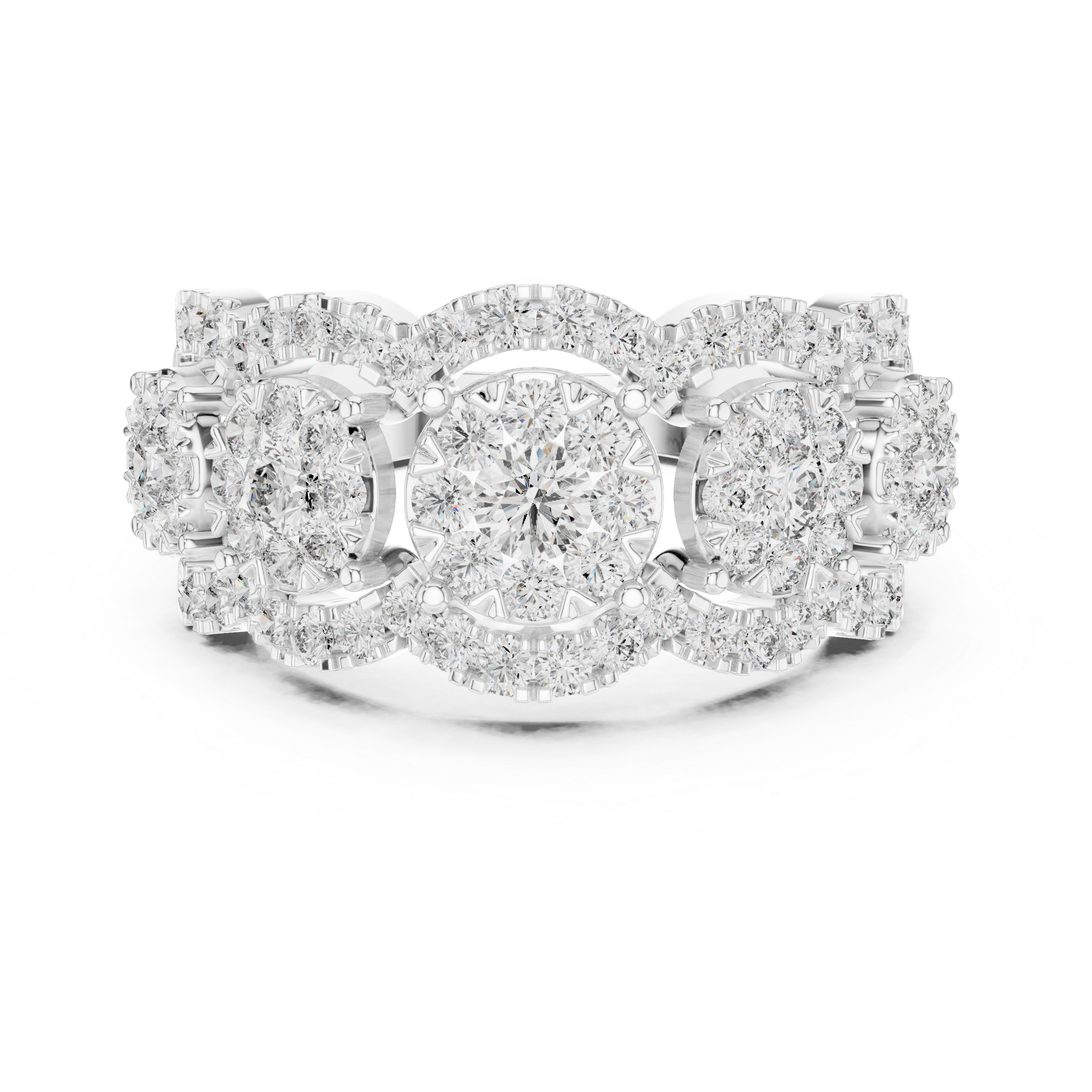 Round Cut Diamond Three Stone Halo Band Ring