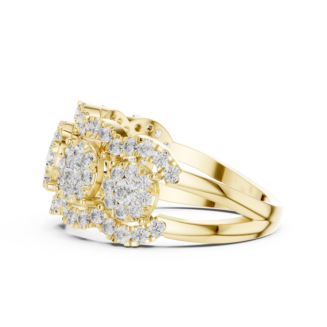 Round Cut Diamond Three Stone Halo Band Ring