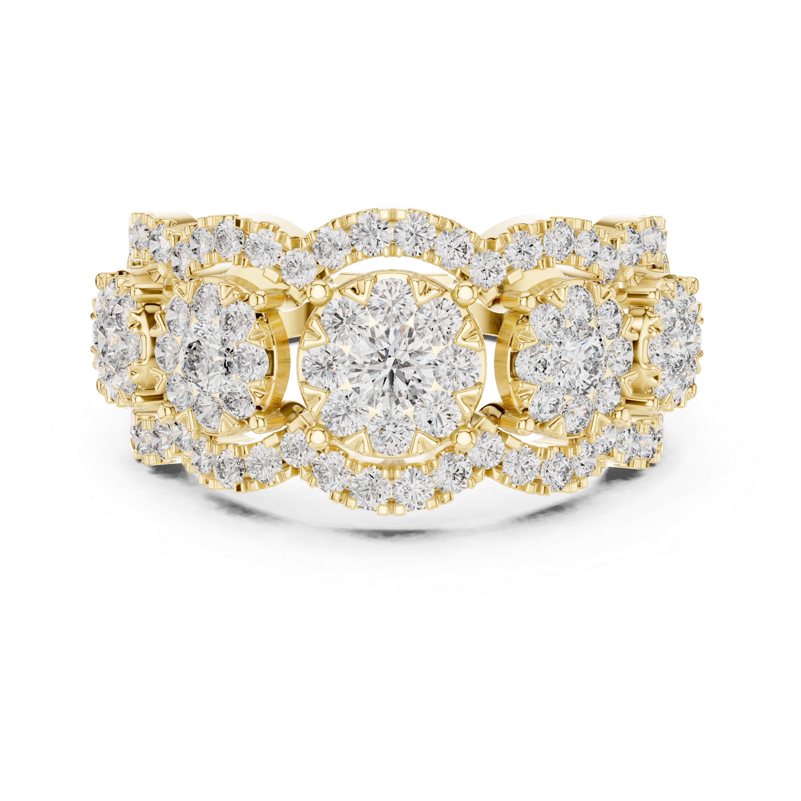Round Cut Diamond Three Stone Halo Band Ring