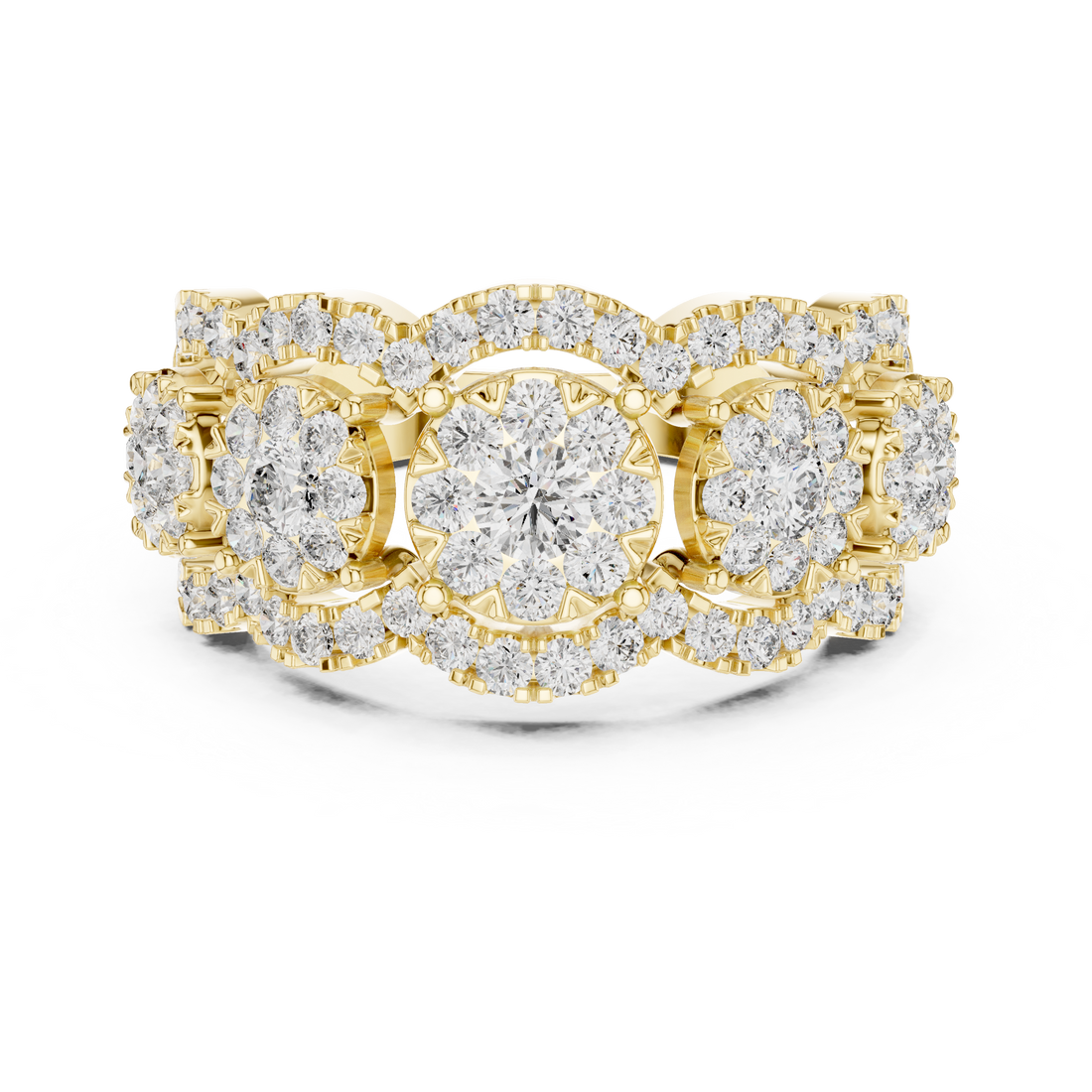 Round Cut Diamond Three Stone Halo Band Ring
