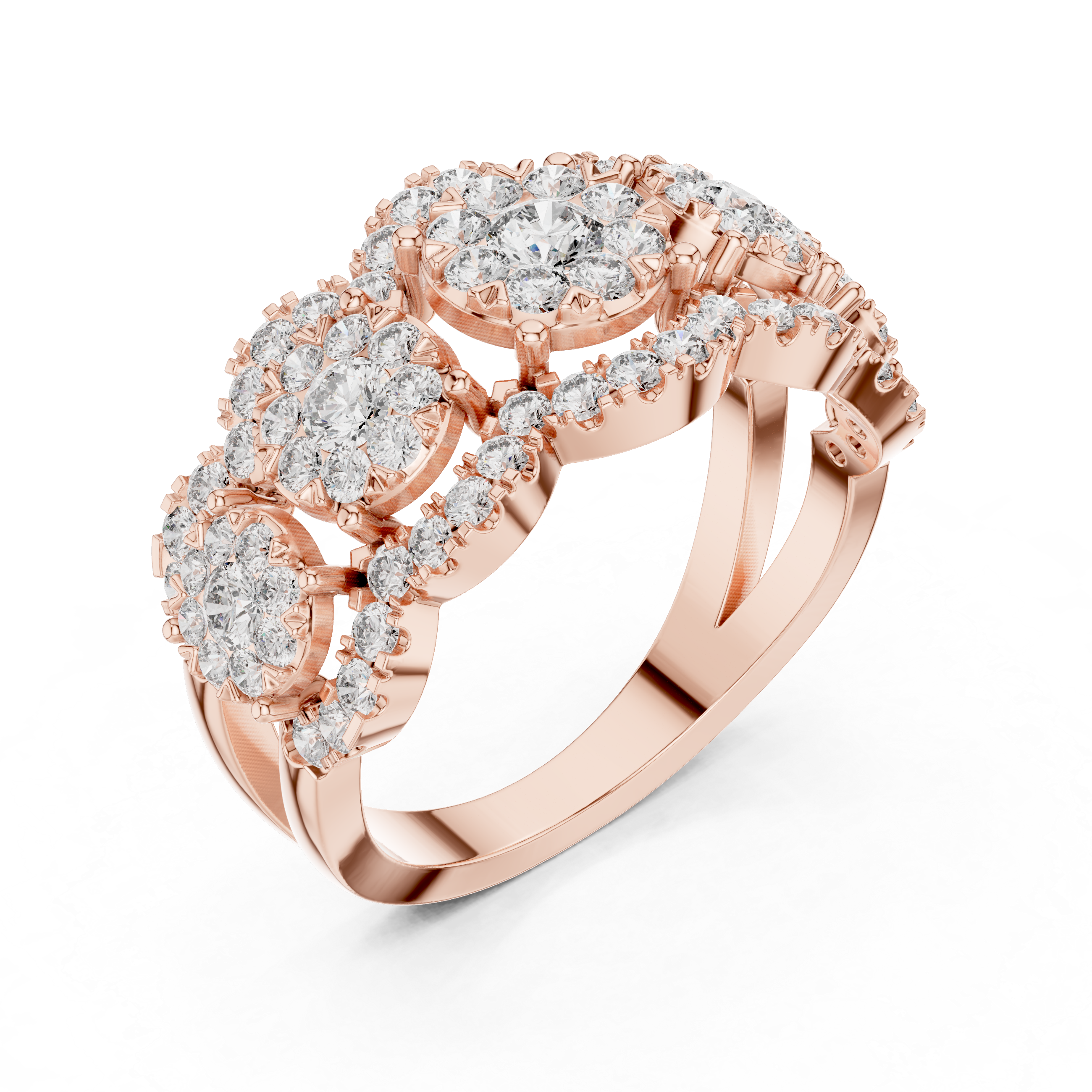 Round Cut Diamond Three Stone Halo Band Ring