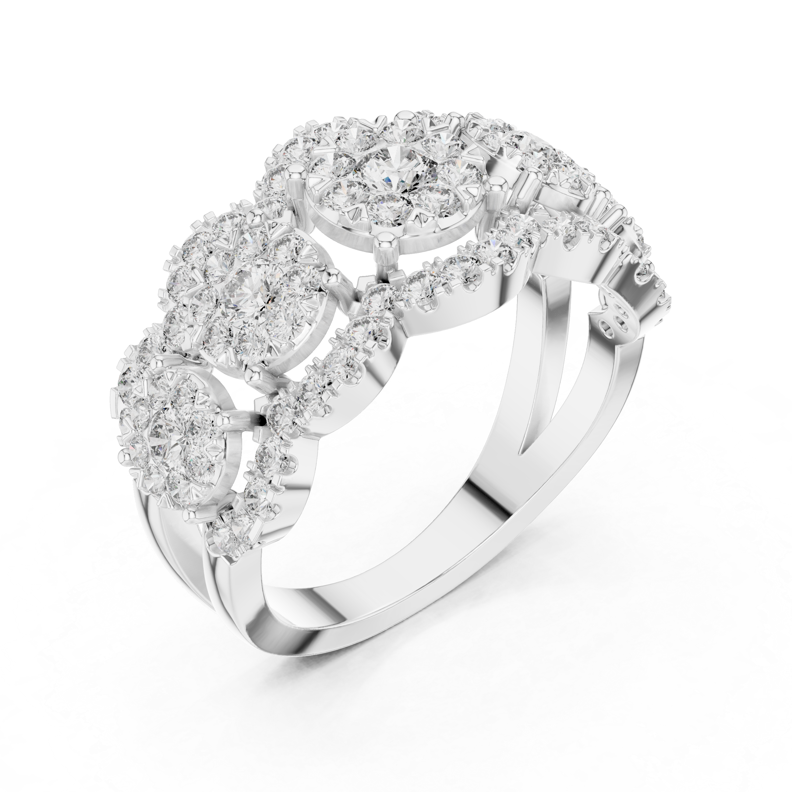 Round Cut Diamond Three Stone Halo Band Ring