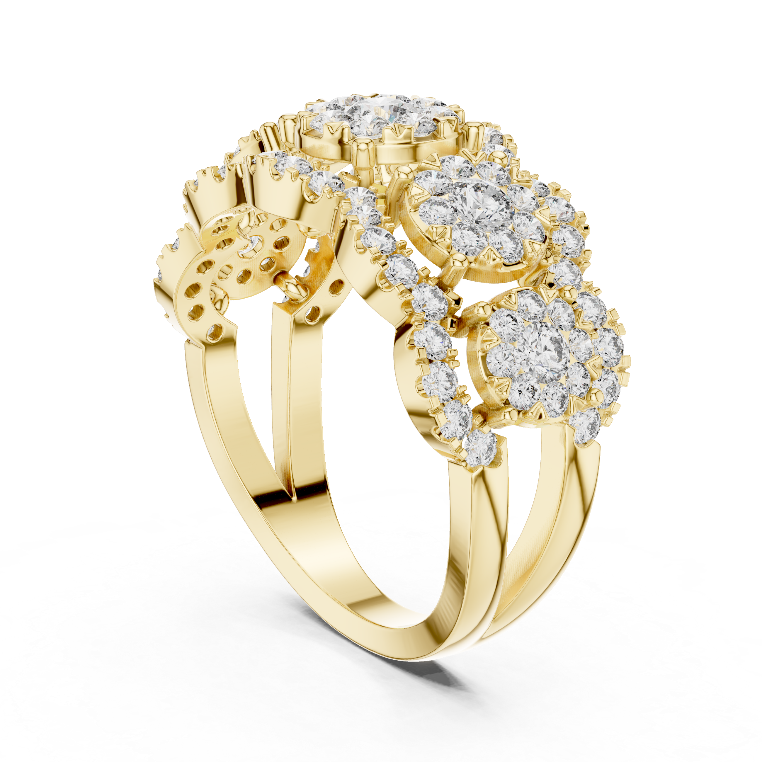 Round Cut Diamond Three Stone Halo Band Ring