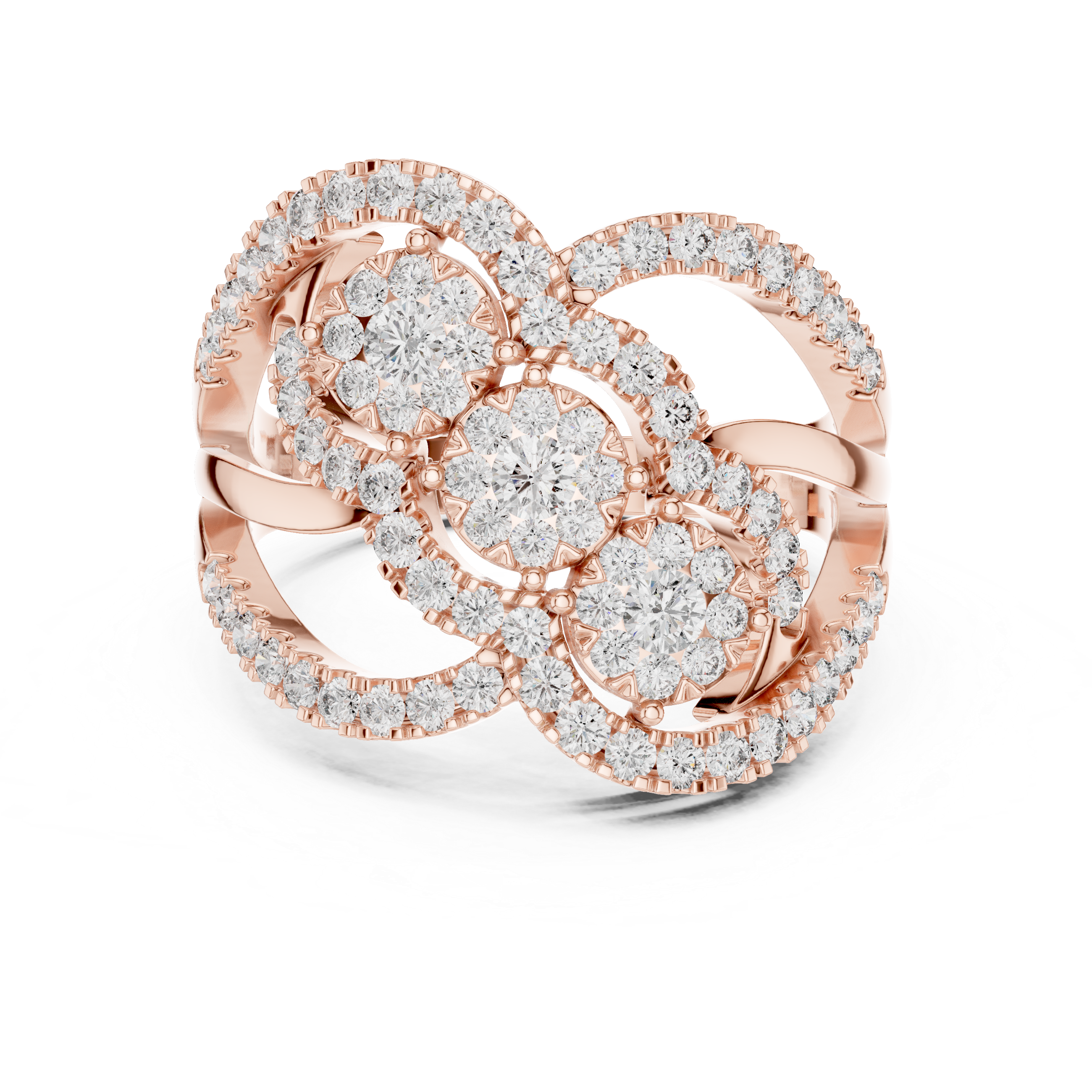 Triple Halo Round Cut Diamond Statement Ring with Interlaced Infinity Design