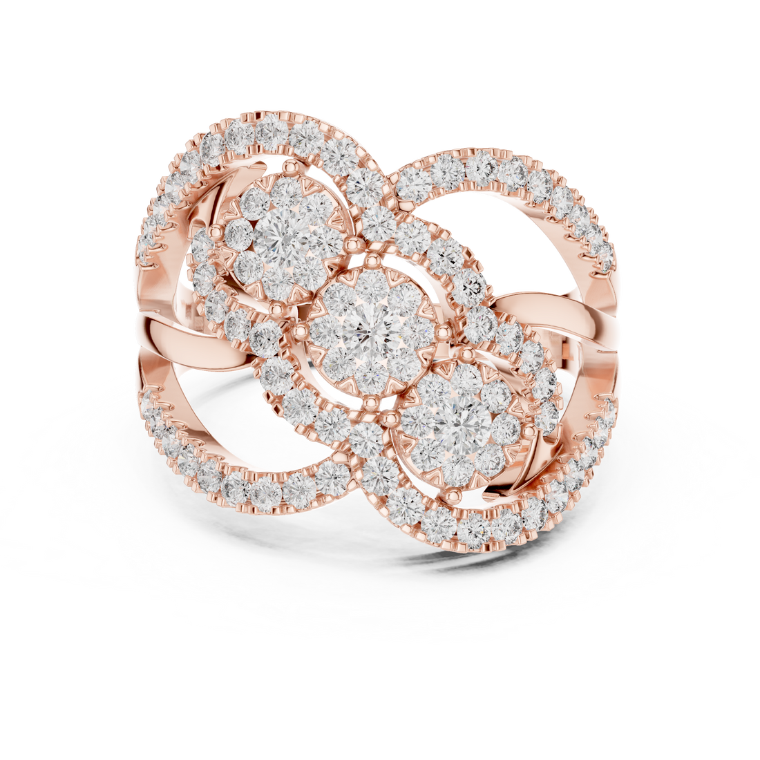 Triple Halo Round Cut Diamond Statement Ring with Interlaced Infinity Design