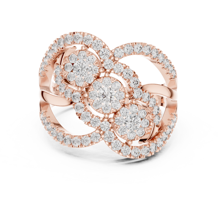 Triple Halo Round Cut Diamond Statement Ring with Interlaced Infinity Design