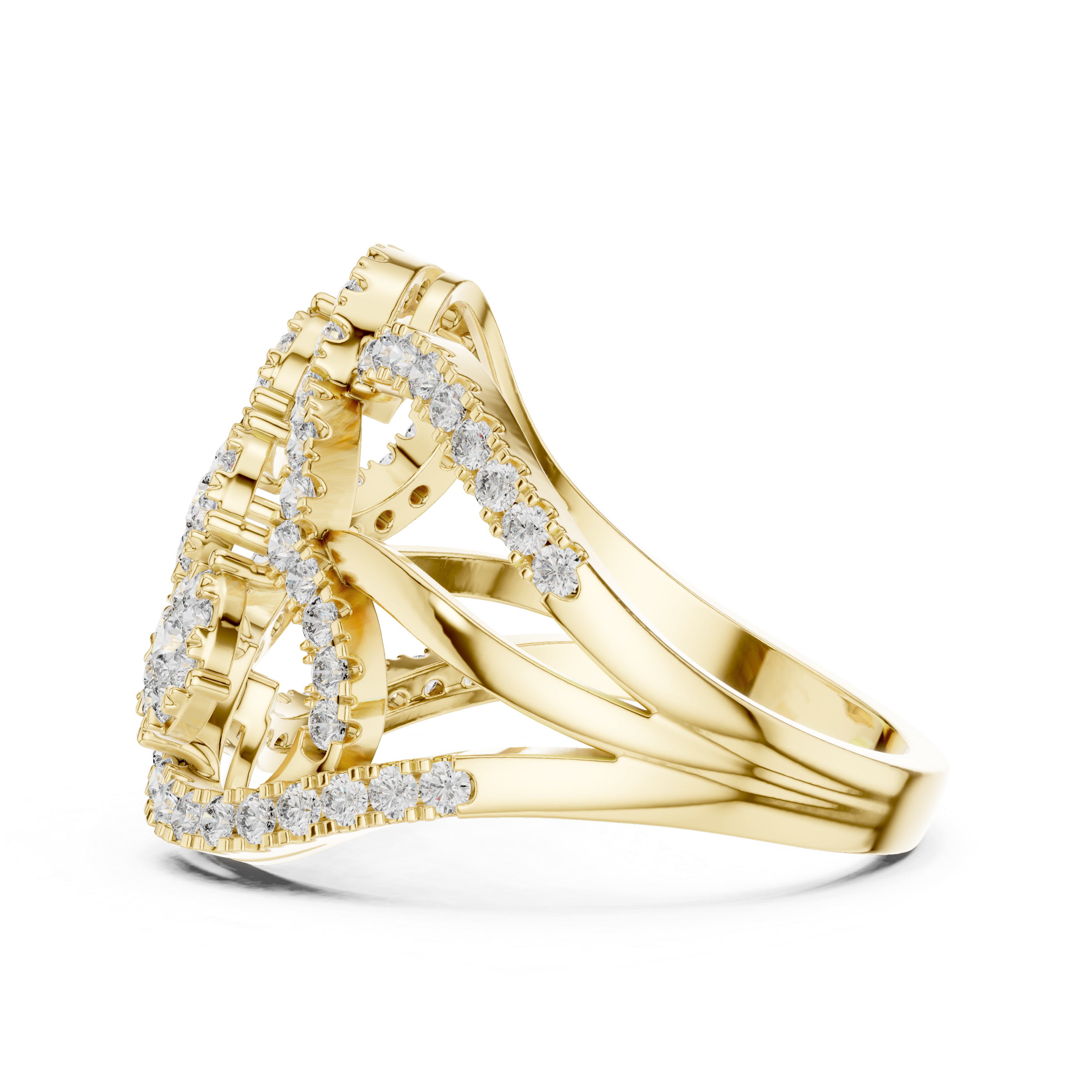 Triple Halo Round Cut Diamond Statement Ring with Interlaced Infinity Design