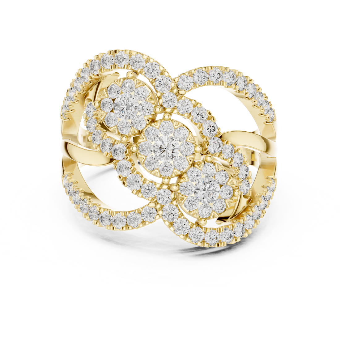 Triple Halo Round Cut Diamond Statement Ring with Interlaced Infinity Design