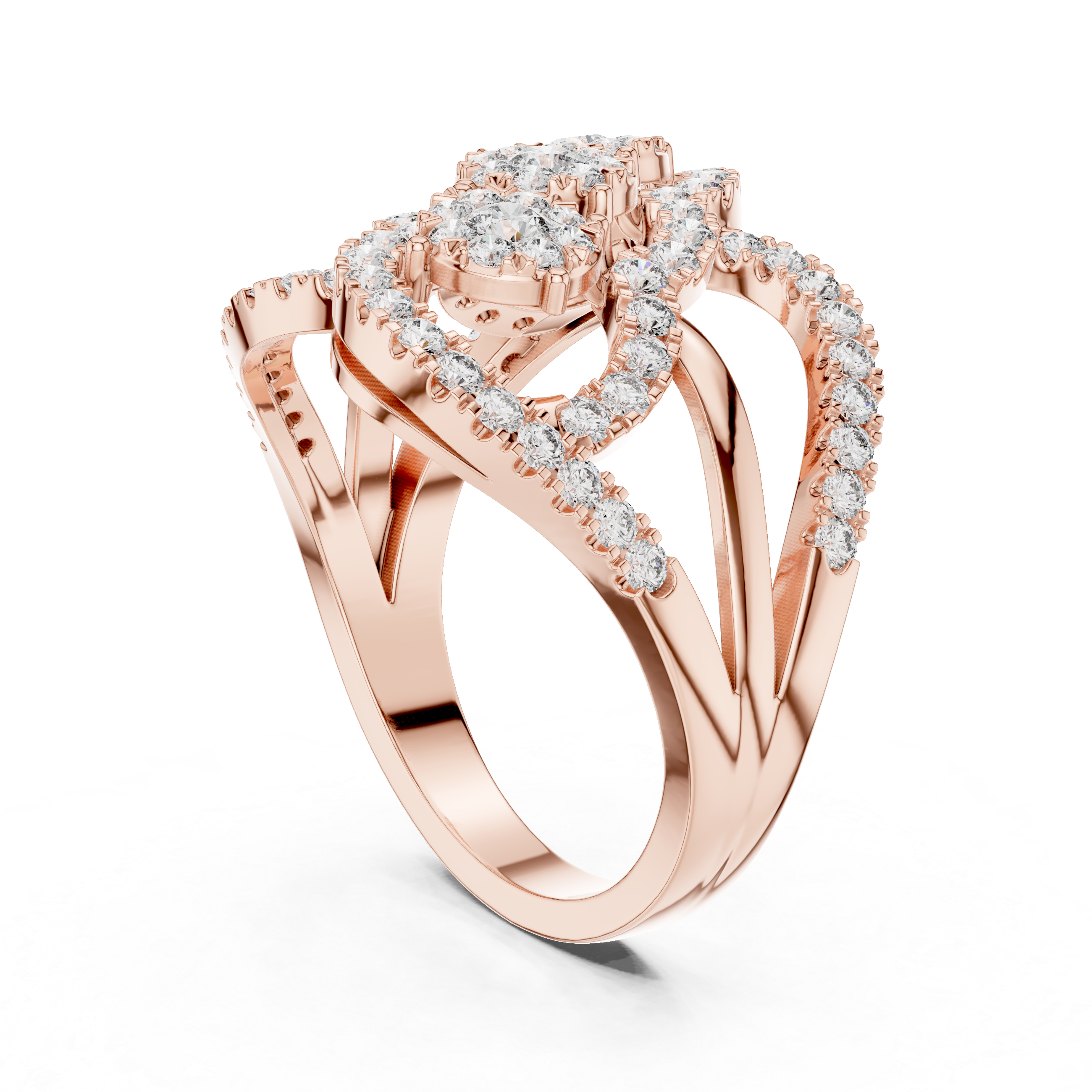 Triple Halo Round Cut Diamond Statement Ring with Interlaced Infinity Design