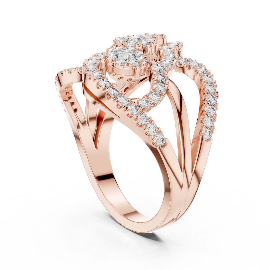 Triple Halo Round Cut Diamond Statement Ring with Interlaced Infinity Design
