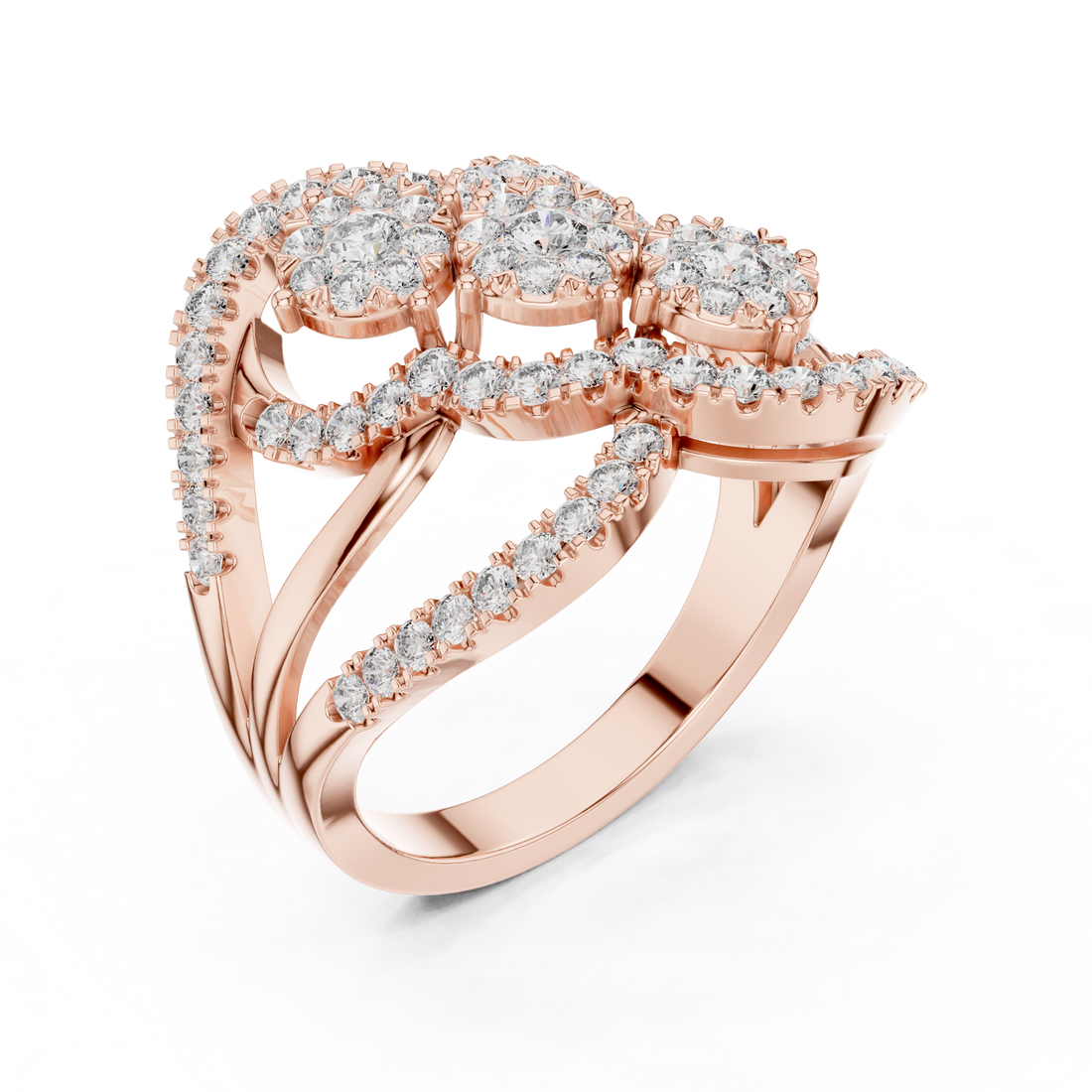 Triple Halo Round Cut Diamond Statement Ring with Interlaced Infinity Design