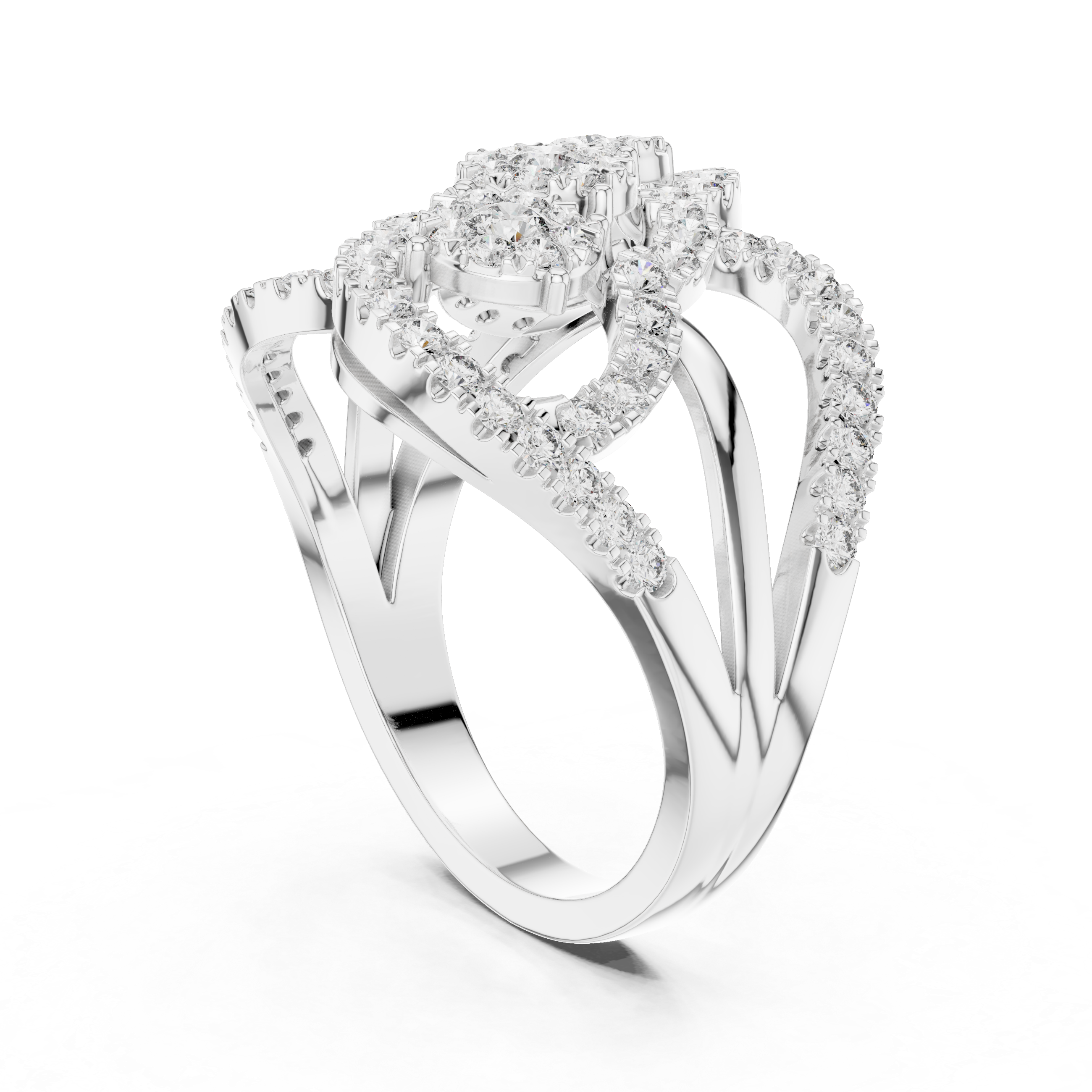 Triple Halo Round Cut Diamond Statement Ring with Interlaced Infinity Design