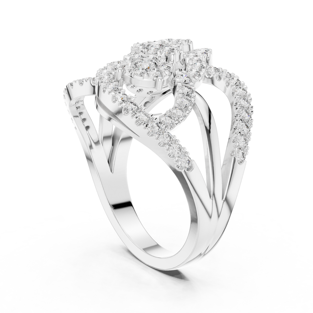 Triple Halo Round Cut Diamond Statement Ring with Interlaced Infinity Design