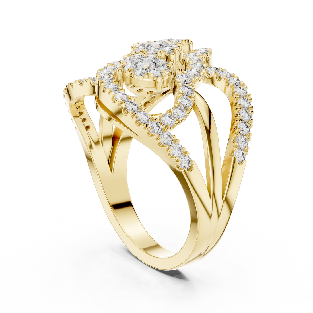 Triple Halo Round Cut Diamond Statement Ring with Interlaced Infinity Design