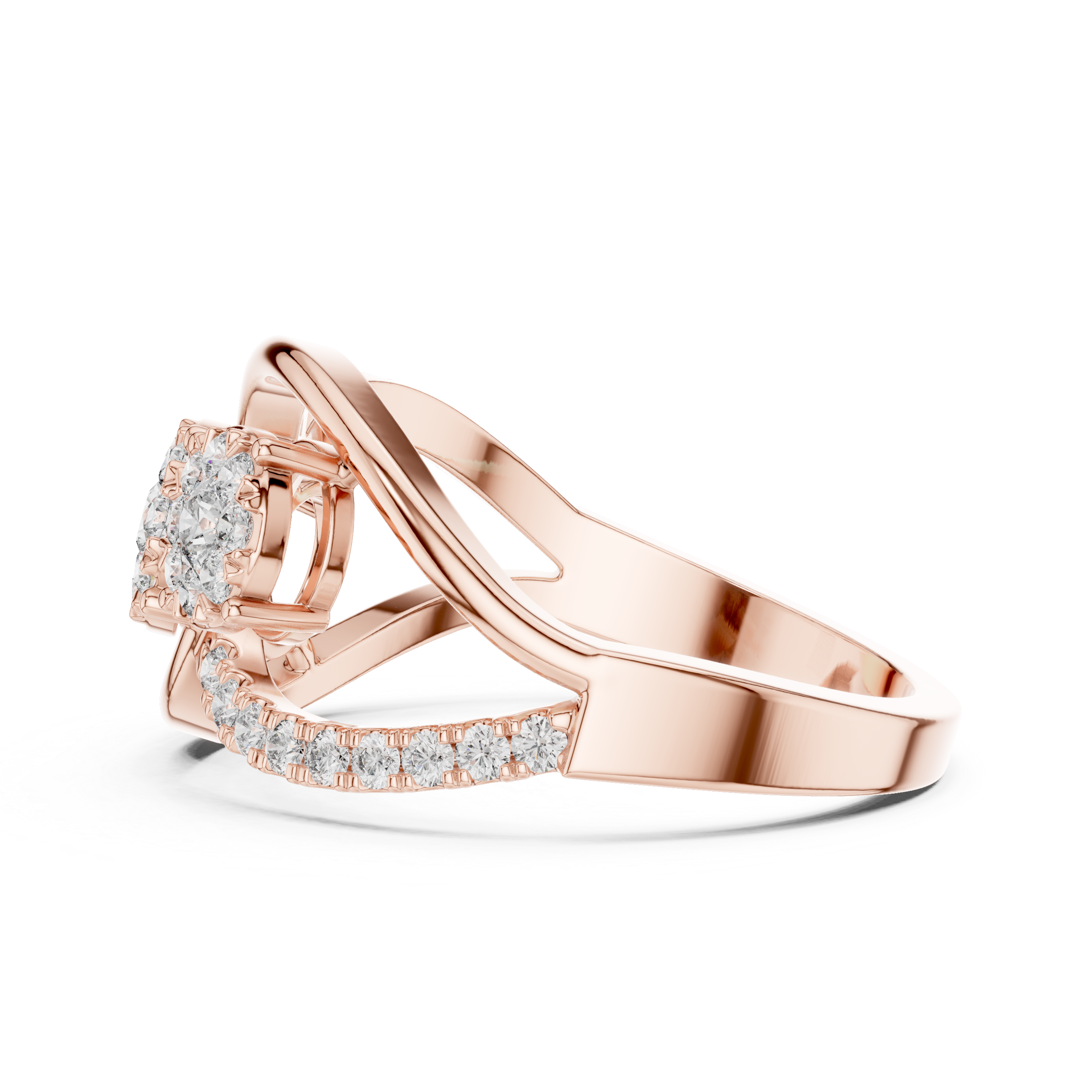 Round Cut Diamond Three Stone Infinity Twist Ring