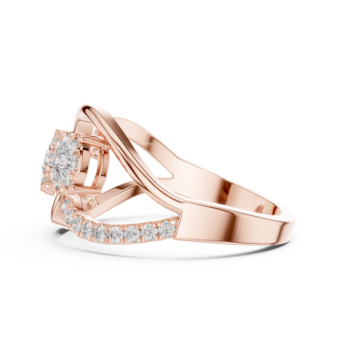 Round Cut Diamond Three Stone Infinity Twist Ring