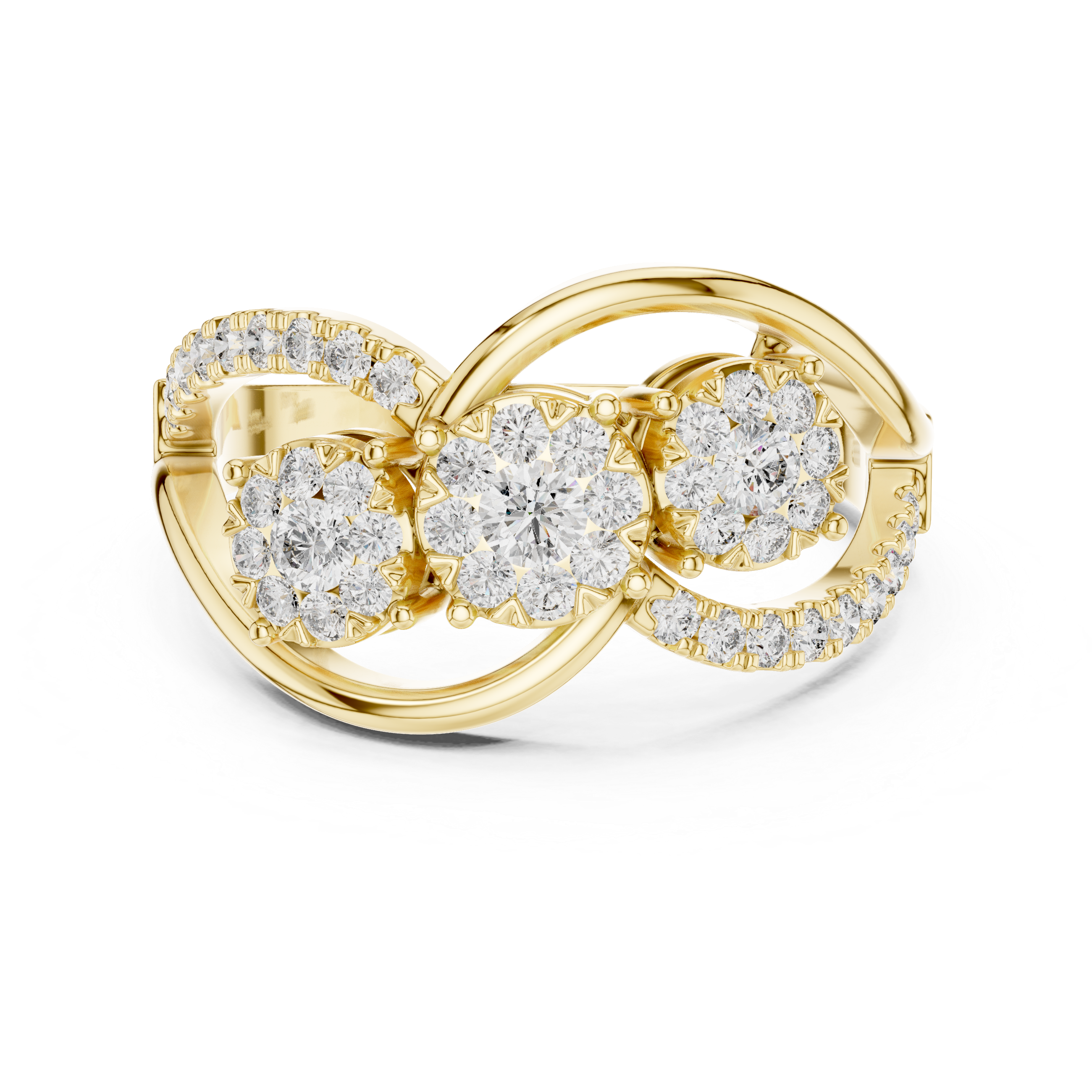 Round Cut Diamond Three Stone Infinity Twist Ring