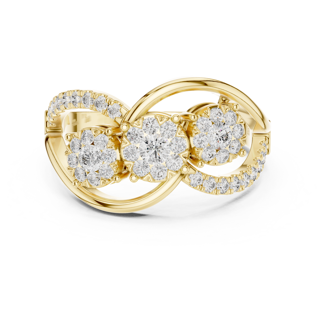 Round Cut Diamond Three Stone Infinity Twist Ring