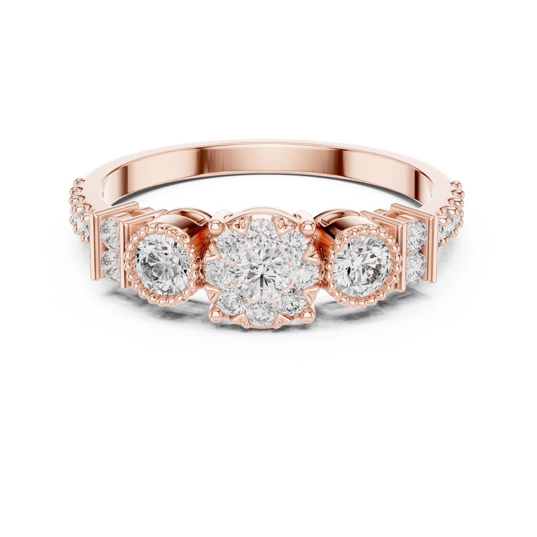 Round Cut Diamond Three Stone Halo Ring with Pavé Set Side Accents