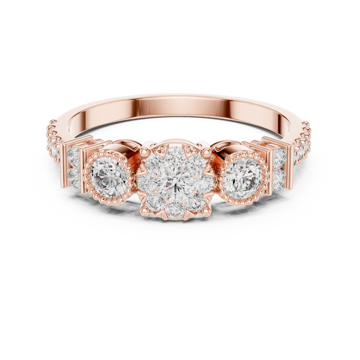 Round Cut Diamond Three Stone Halo Ring with Pavé Set Side Accents