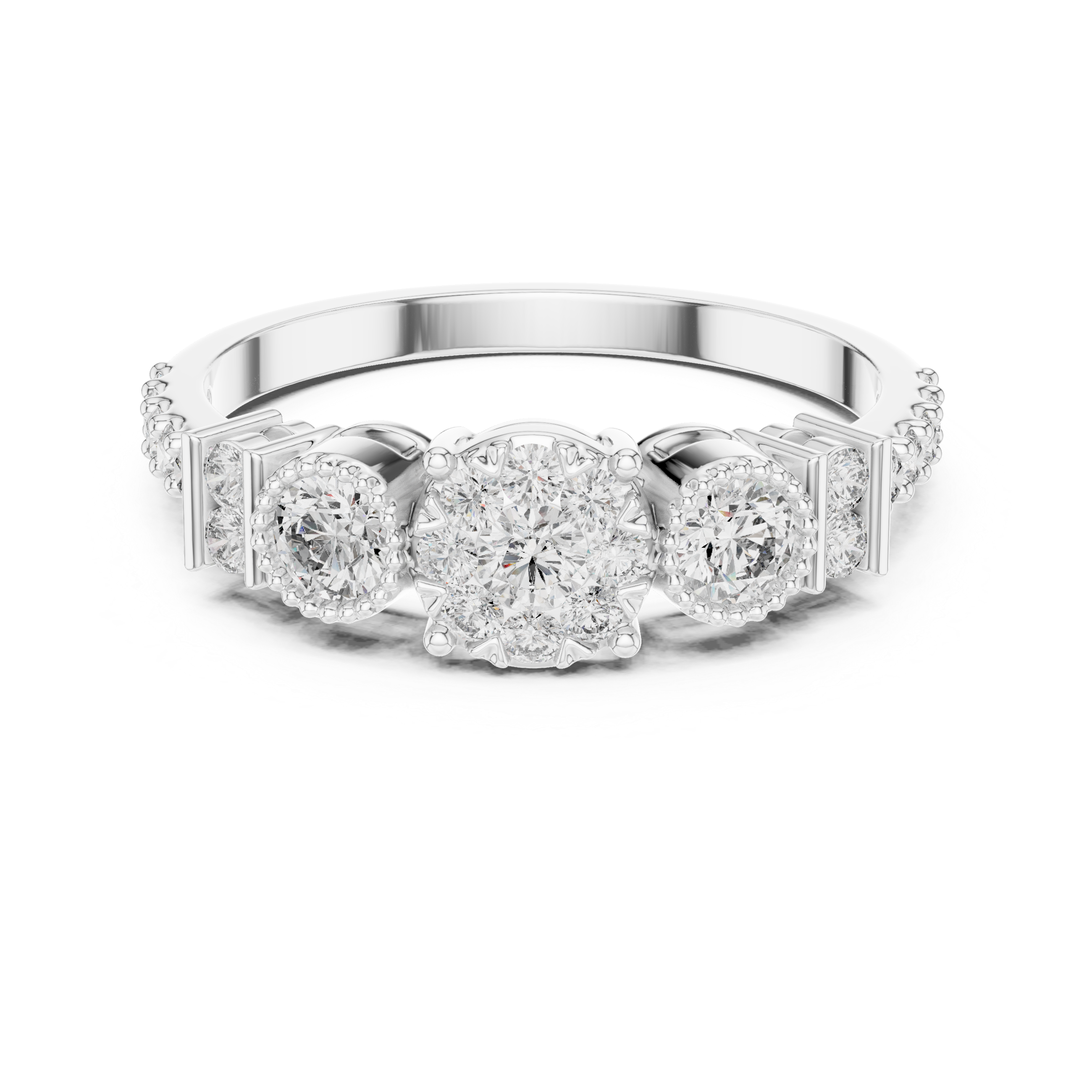 Round Cut Diamond Three Stone Halo Ring with Pavé Set Side Accents