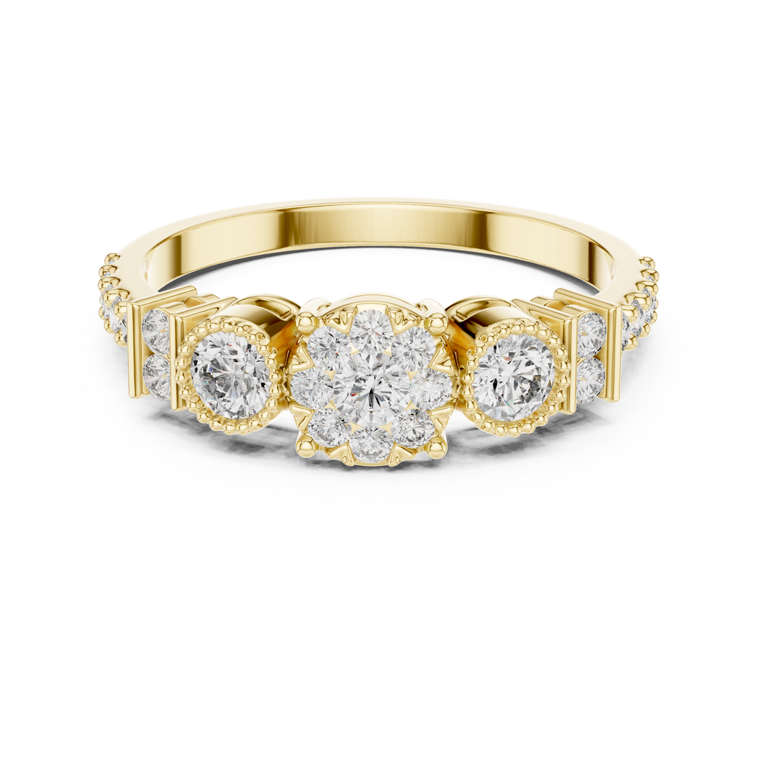 Round Cut Diamond Three Stone Halo Ring with Pavé Set Side Accents
