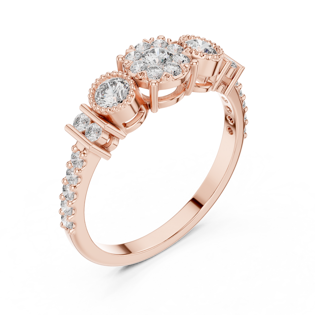 Round Cut Diamond Three Stone Halo Ring with Pavé Set Side Accents