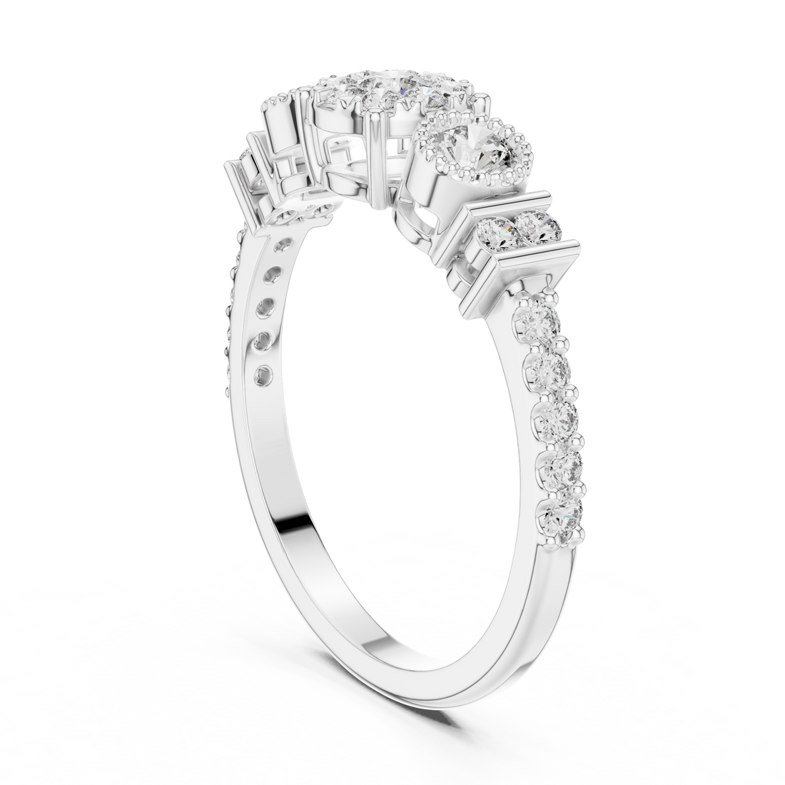 Round Cut Diamond Three Stone Halo Ring with Pavé Set Side Accents