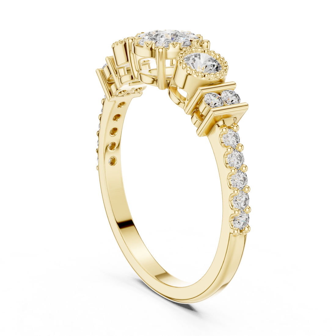 Round Cut Diamond Three Stone Halo Ring with Pavé Set Side Accents