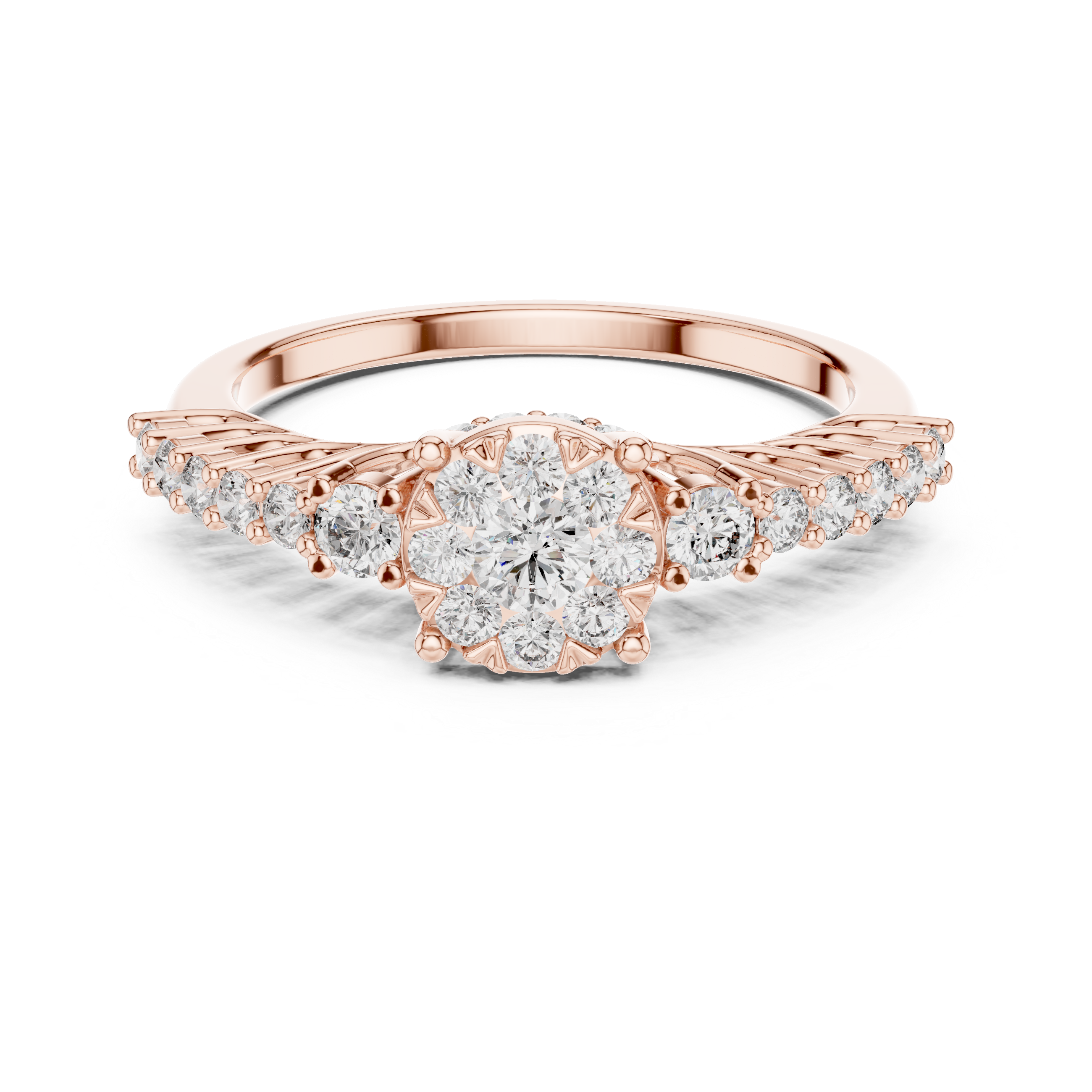 Round Cut Diamond Floral Halo Side Stone Ring