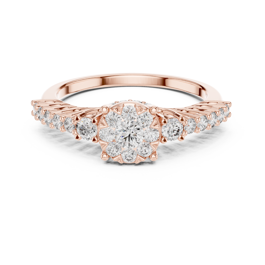 Round Cut Diamond Floral Halo Side Stone Ring