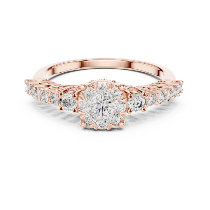 Round Cut Diamond Floral Halo Side Stone Ring