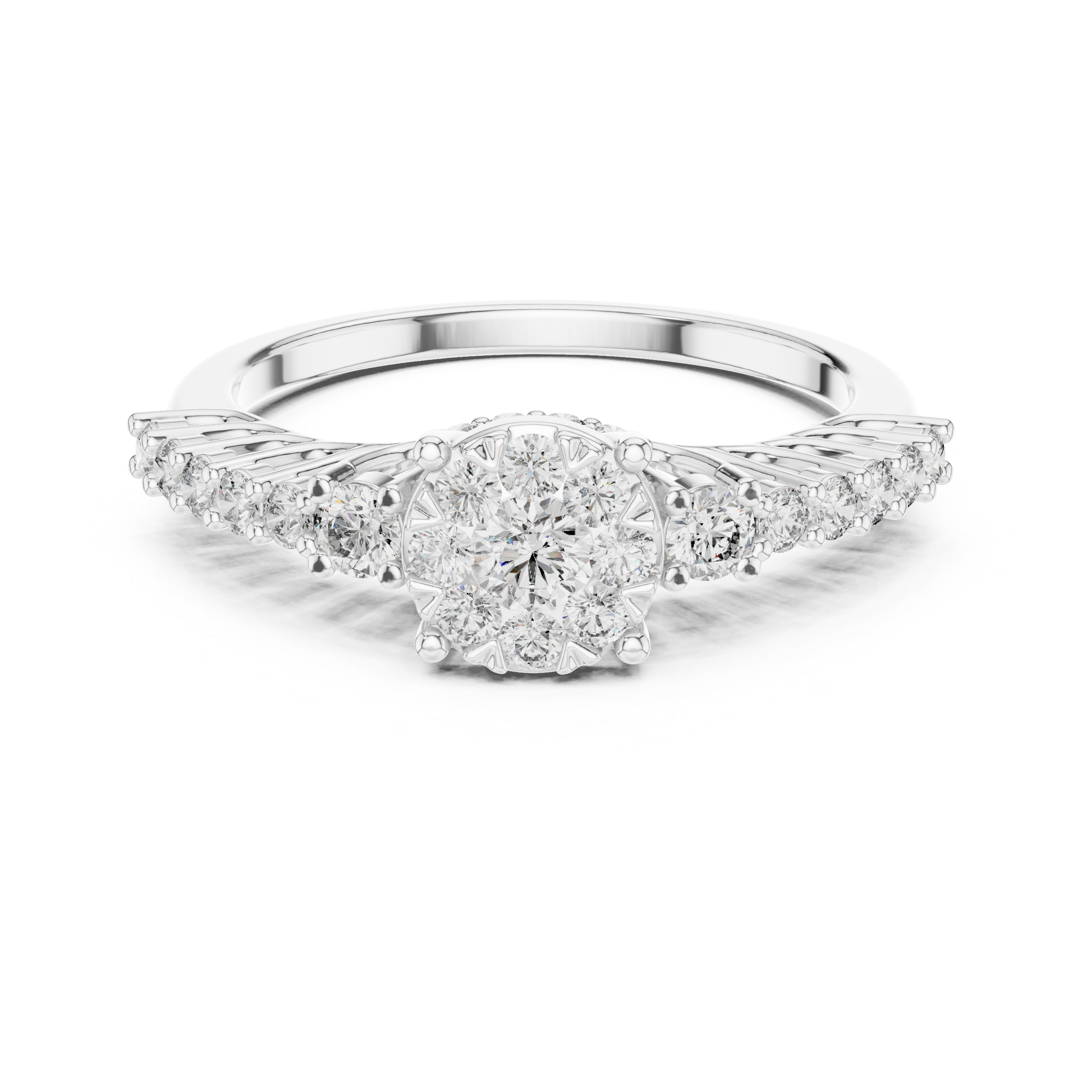 Round Cut Diamond Floral Halo Side Stone Ring