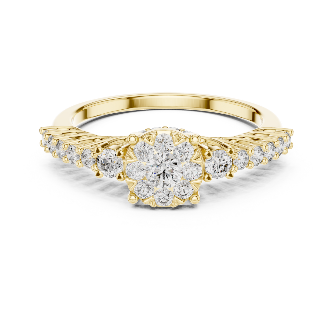 Round Cut Diamond Floral Halo Side Stone Ring