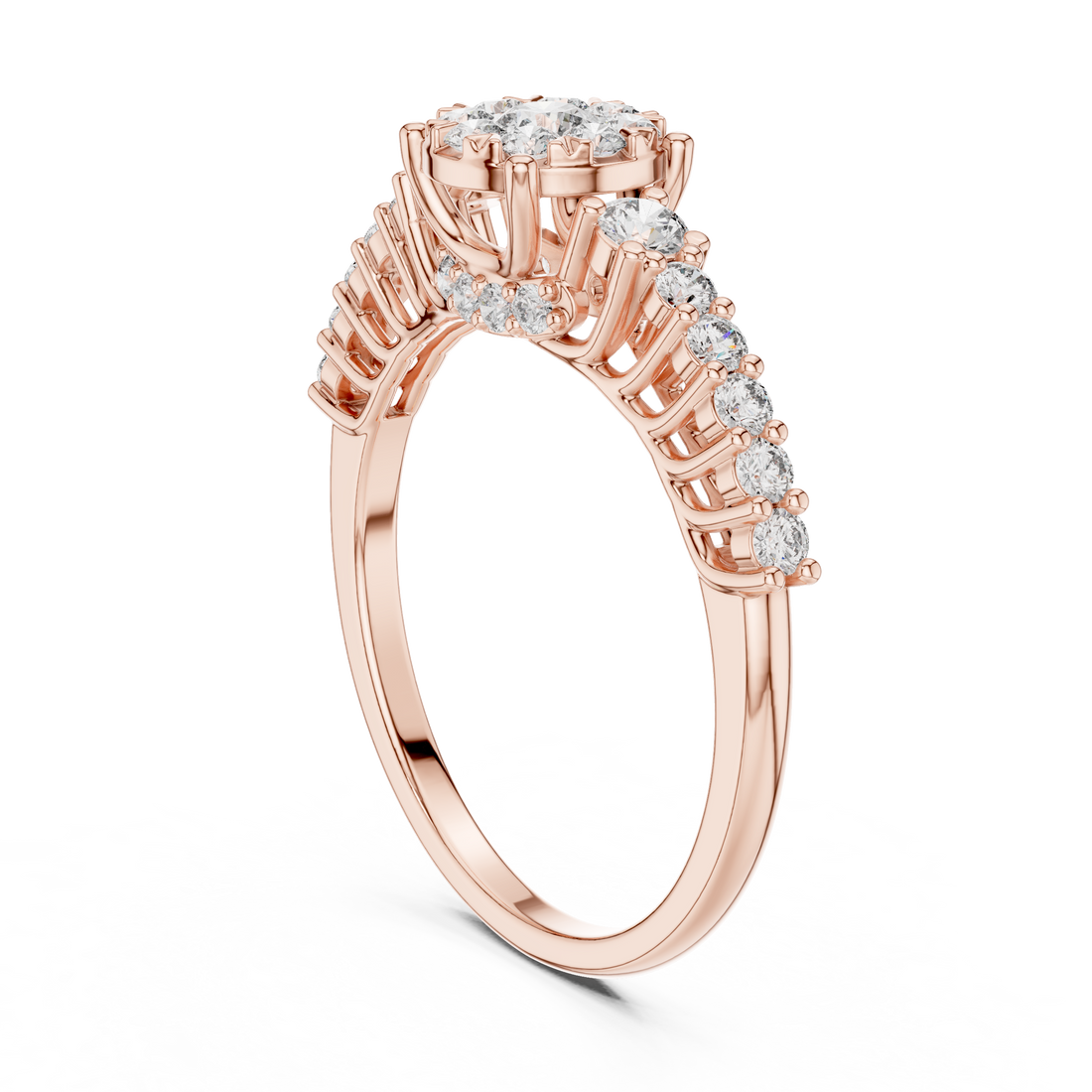 Round Cut Diamond Floral Halo Side Stone Ring