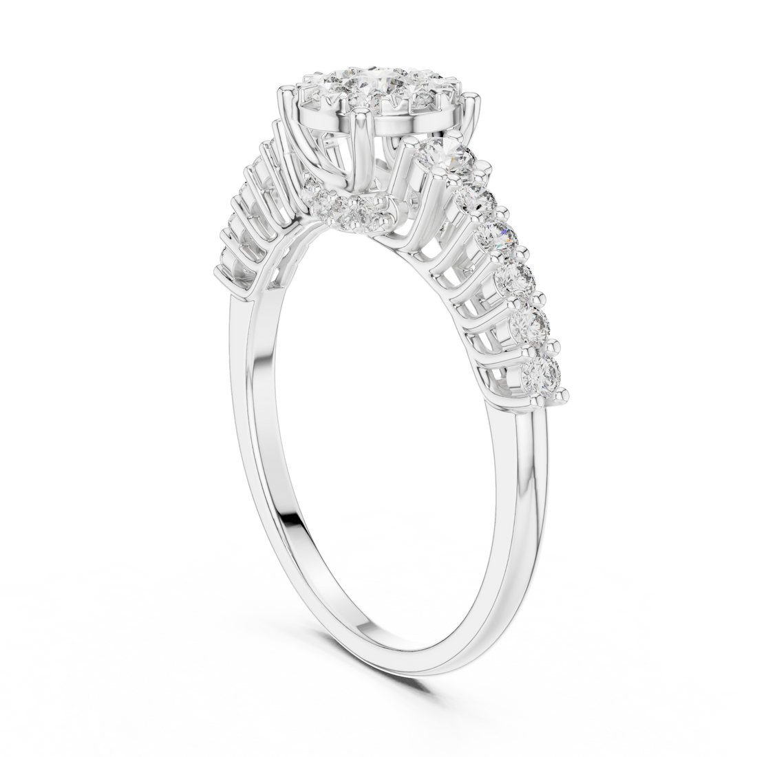 Round Cut Diamond Floral Halo Side Stone Ring