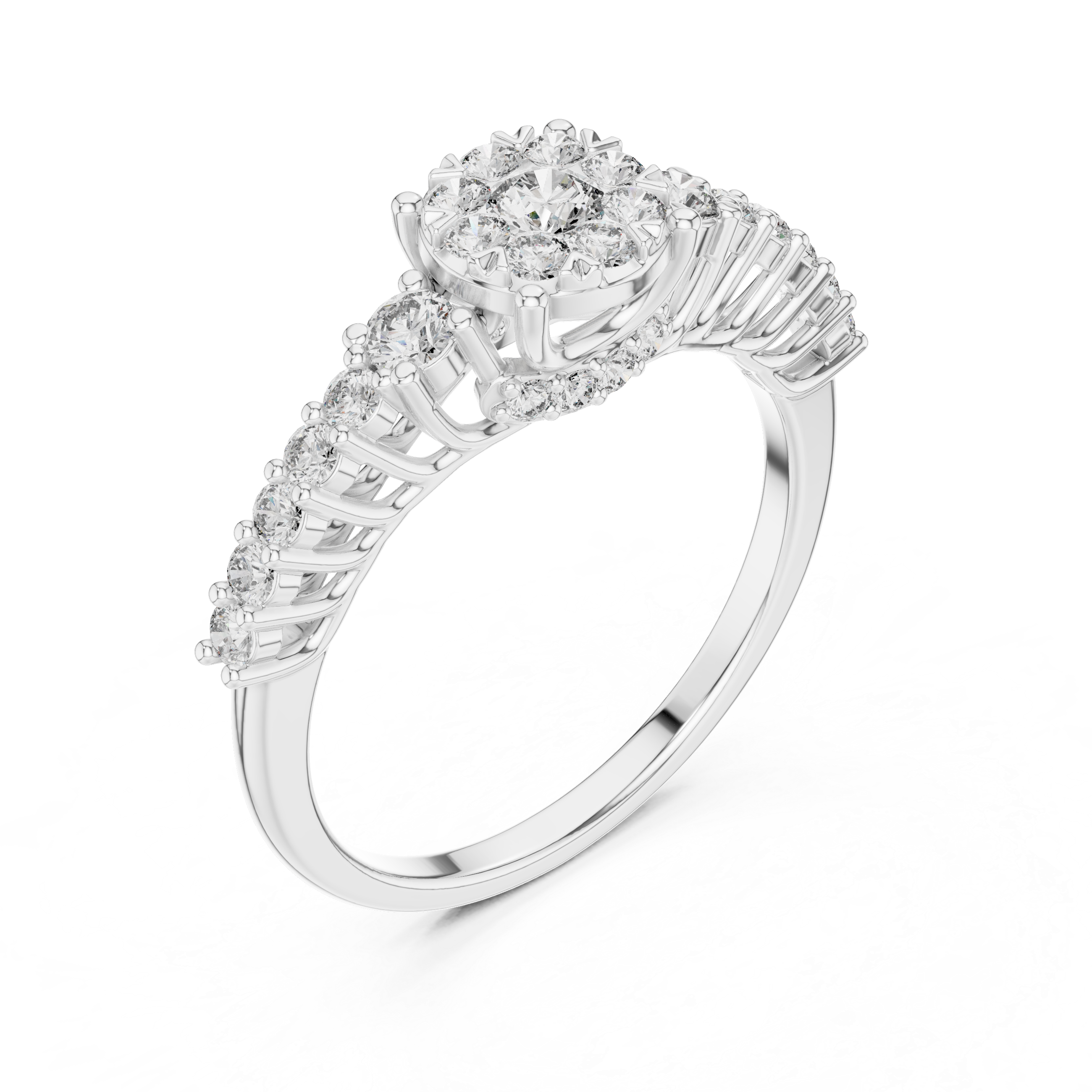 Round Cut Diamond Floral Halo Side Stone Ring