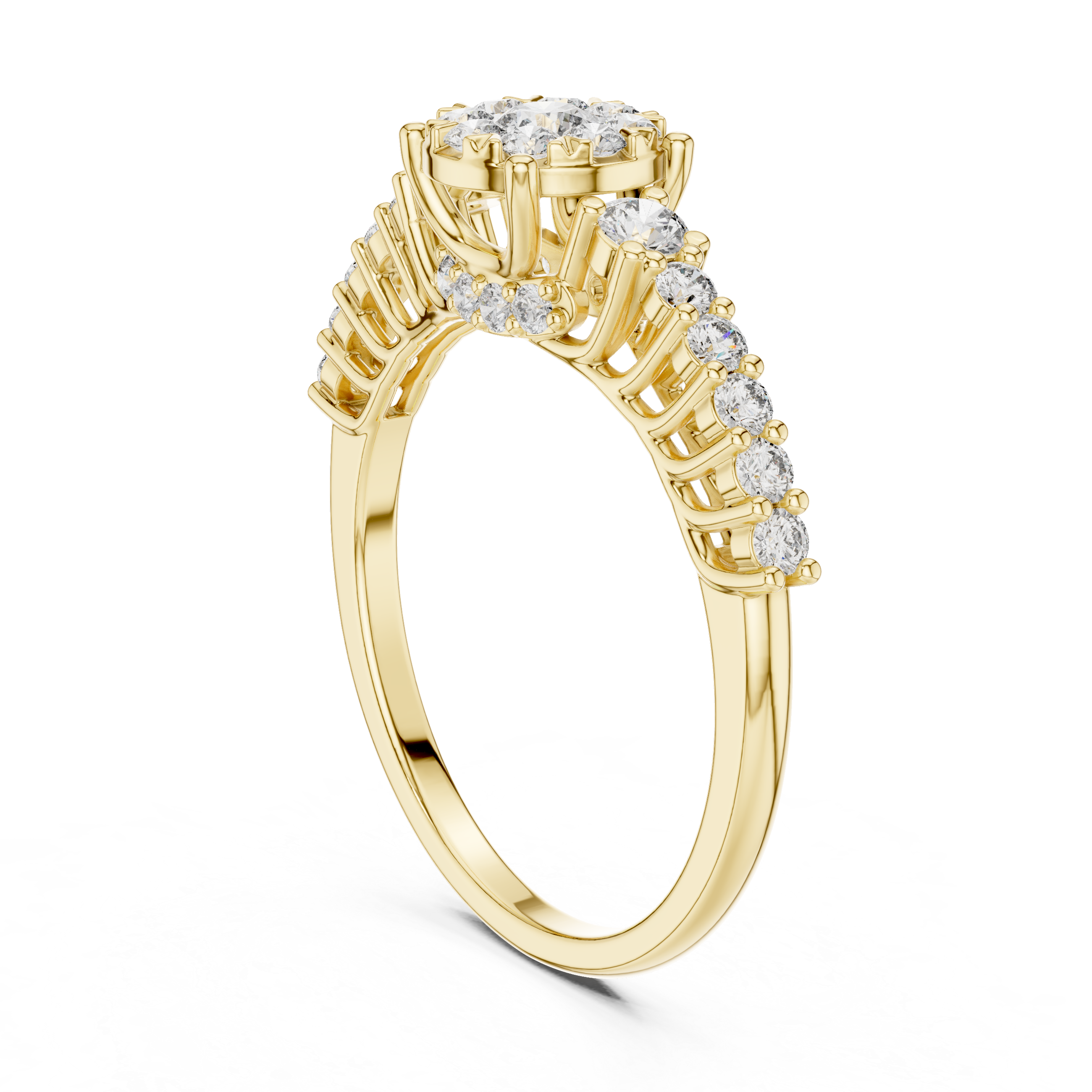 Round Cut Diamond Floral Halo Side Stone Ring