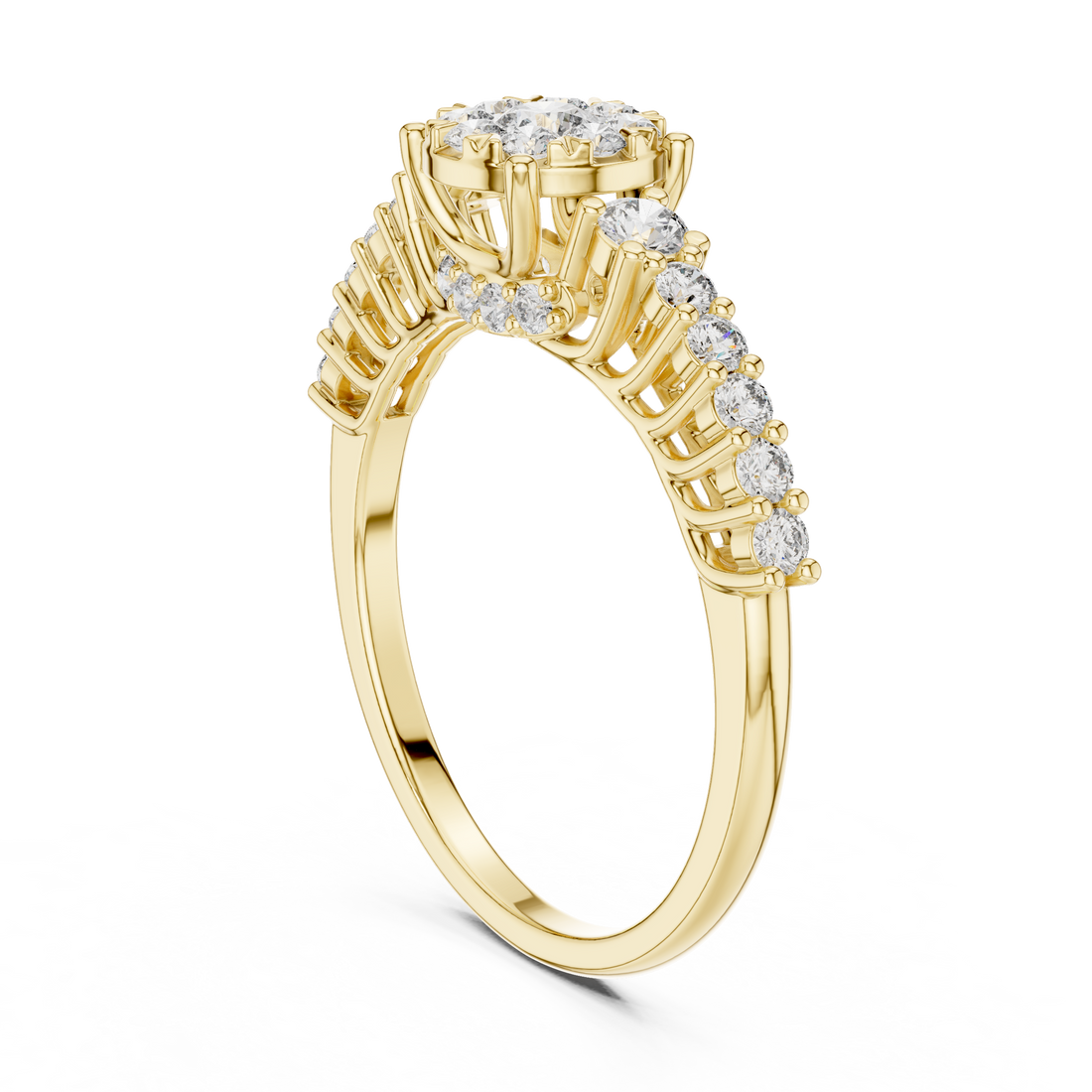 Round Cut Diamond Floral Halo Side Stone Ring