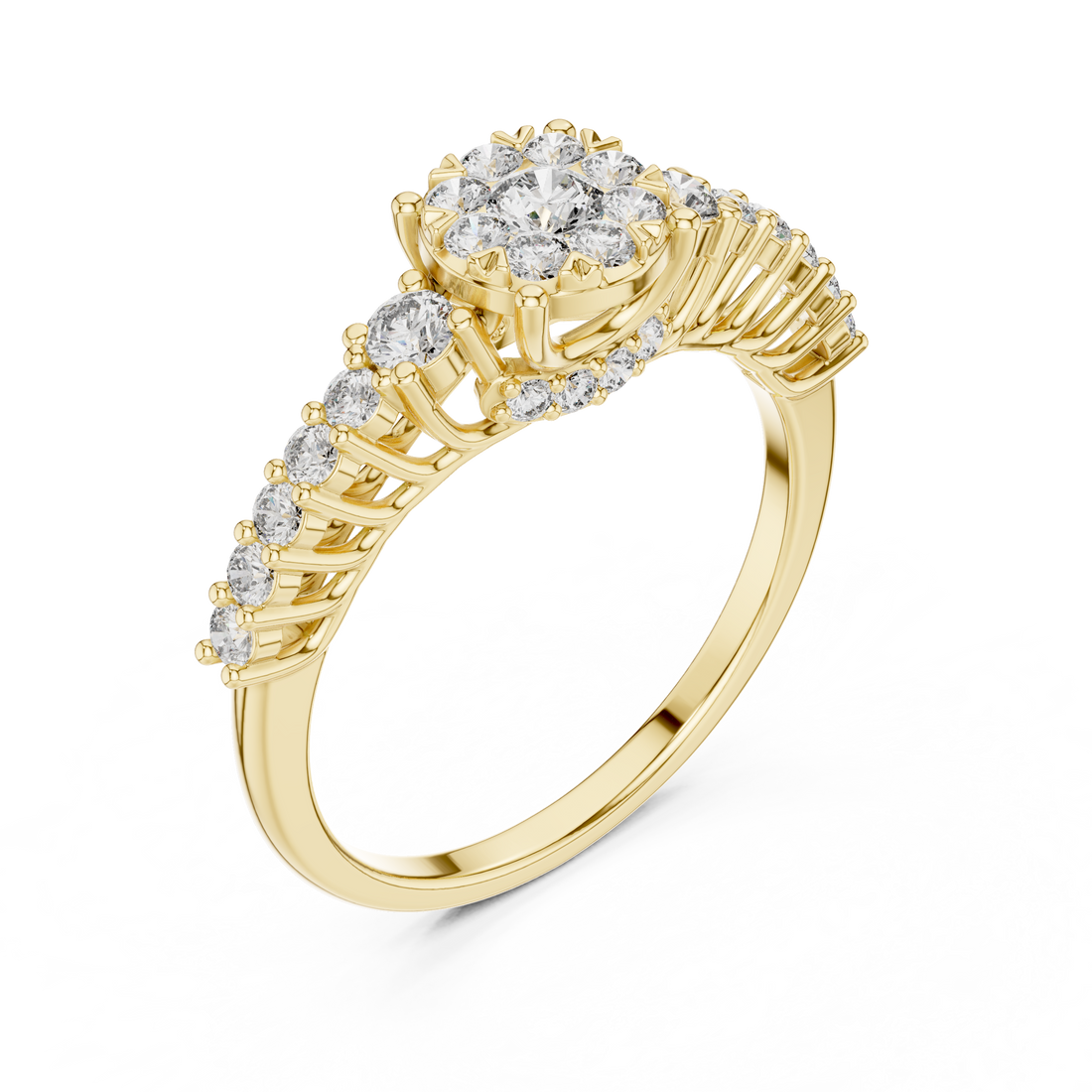 Round Cut Diamond Floral Halo Side Stone Ring